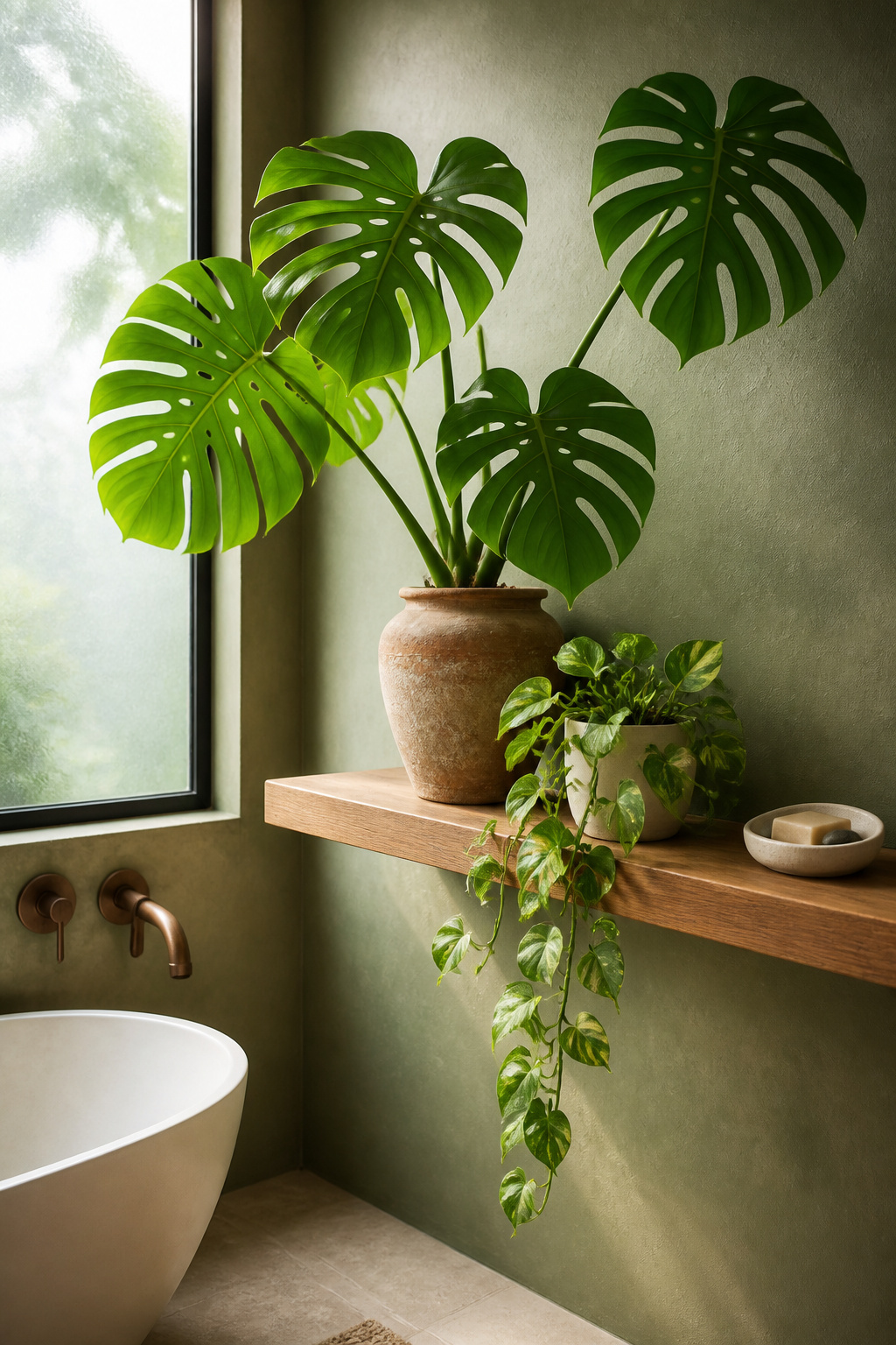 A trailing golden pothos and statement monstera dominate a teak bathroom shelf — living plants are the most powerful bathroom shelf decor choice available, delivering biophilic calm and real air quality benefits.