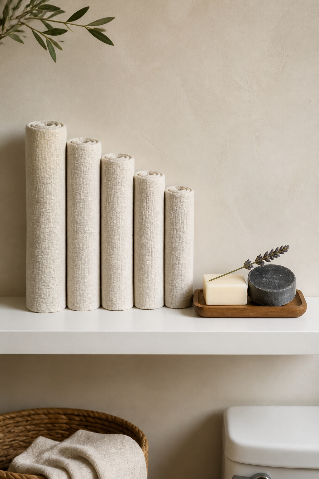 A tower of rolled organic linen towels alongside handmade castile and charcoal soap bars on a clean white shelf — functional objects elevated to bathroom shelf decor sculpture.
