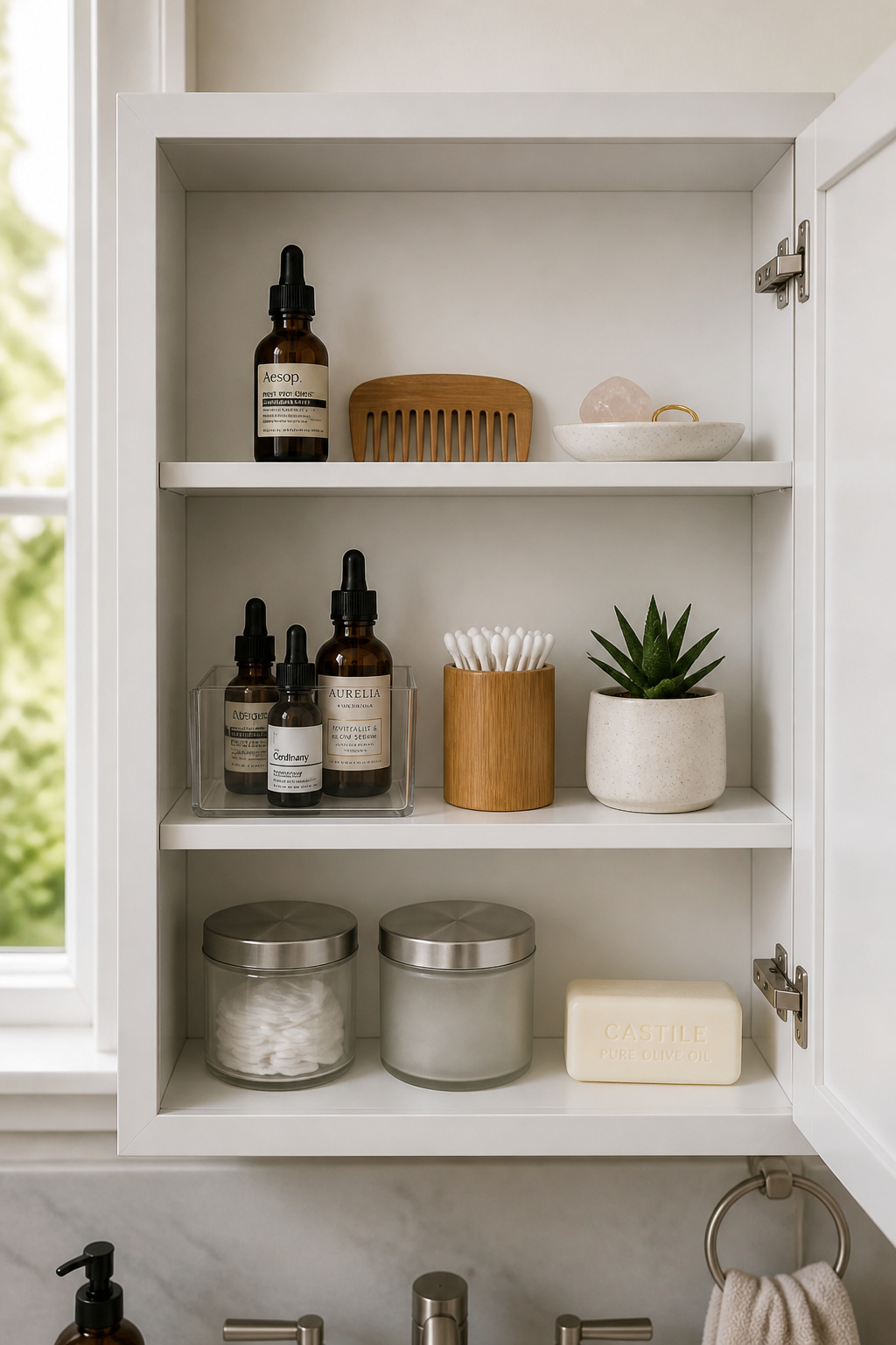 An open medicine cabinet transformed into a curated wellness display — amber glass, a wooden comb, a tiny succulent, and a bamboo cotton bud holder show how organised bathroom shelf decor supports a calmer daily ritual.