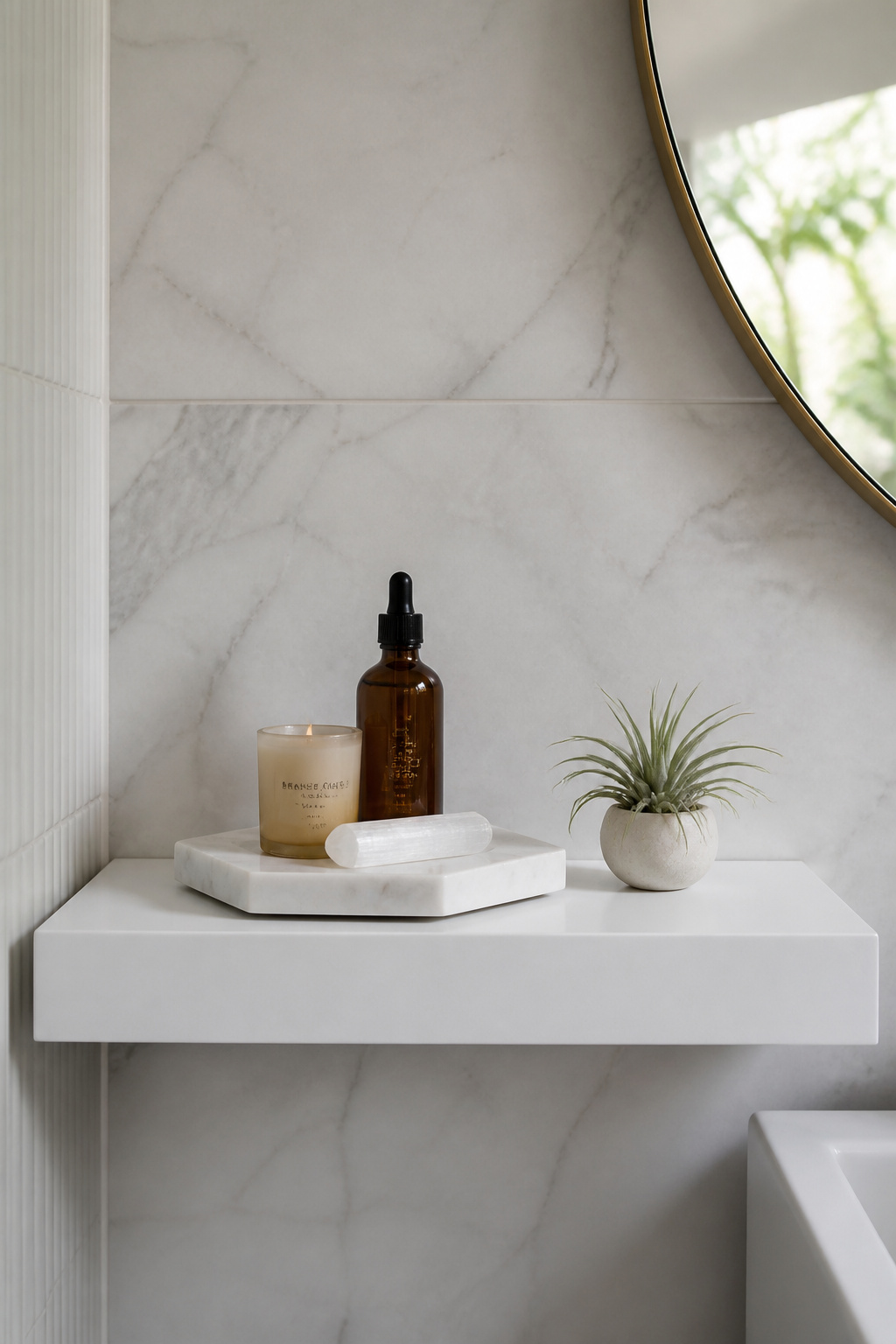 A hexagonal marble tray anchors a calm bathroom shelf vignette holding a beeswax candle, amber serum bottle, and selenite wand — the power of visual containment in bathroom shelf decor.