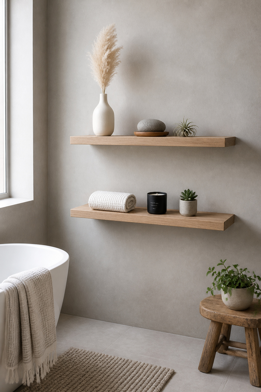 Two white oak bathroom shelves demonstrating the rule of three and intentional negative space — the foundational bathroom shelf decor principles that make any arrangement look curated.