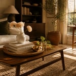 A well-styled coffee table transforms the centre of the living room — drawing together books, natural objects, a metallic accent, and a living plant into a composed arrangement that feels both beautiful and genuinely lived-in.