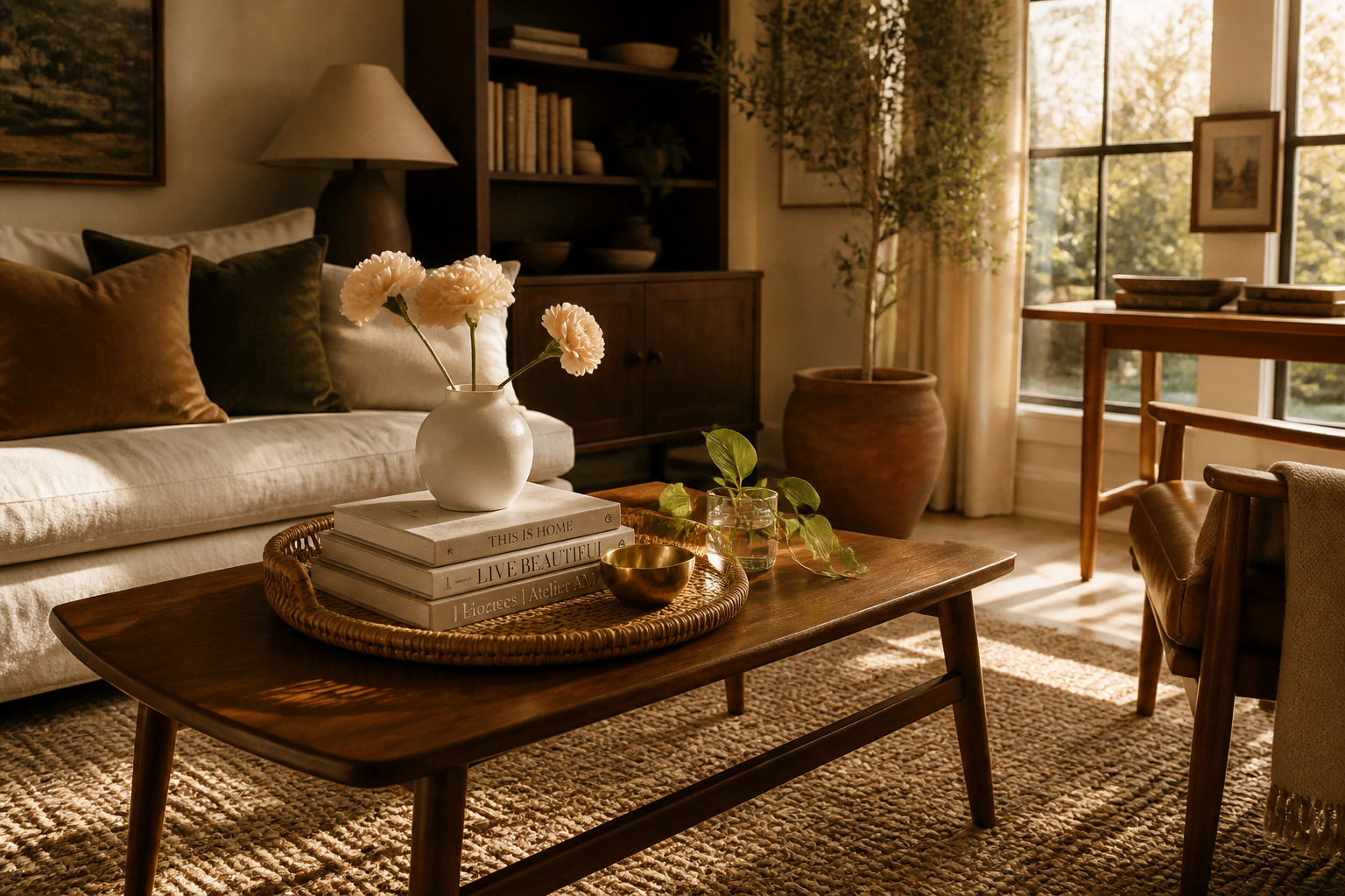 A well-styled coffee table transforms the centre of the living room — drawing together books, natural objects, a metallic accent, and a living plant into a composed arrangement that feels both beautiful and genuinely lived-in.