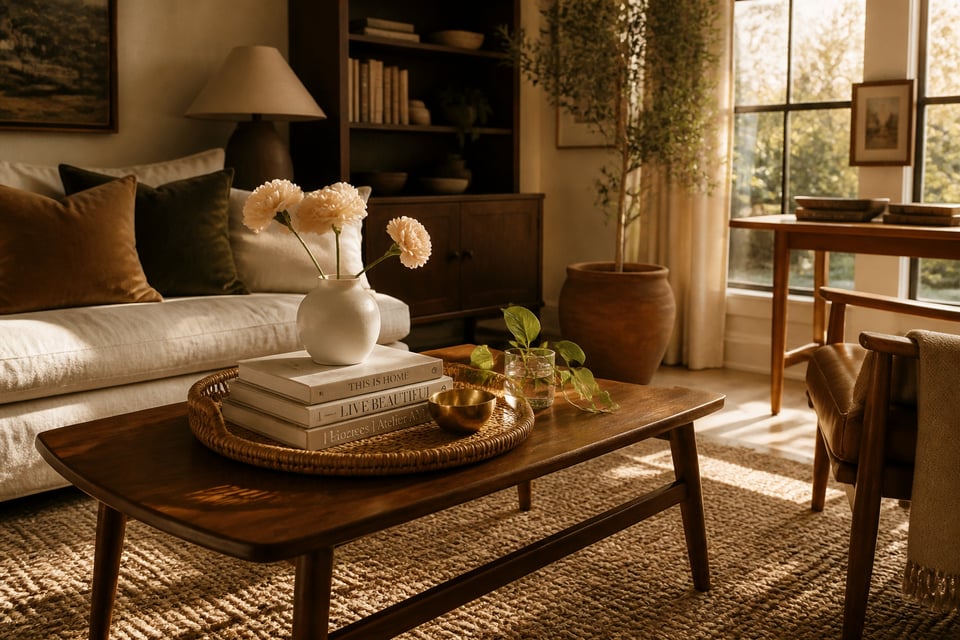 A well-styled coffee table transforms the centre of the living room — drawing together books, natural objects, a metallic accent, and a living plant into a composed arrangement that feels both beautiful and genuinely lived-in.