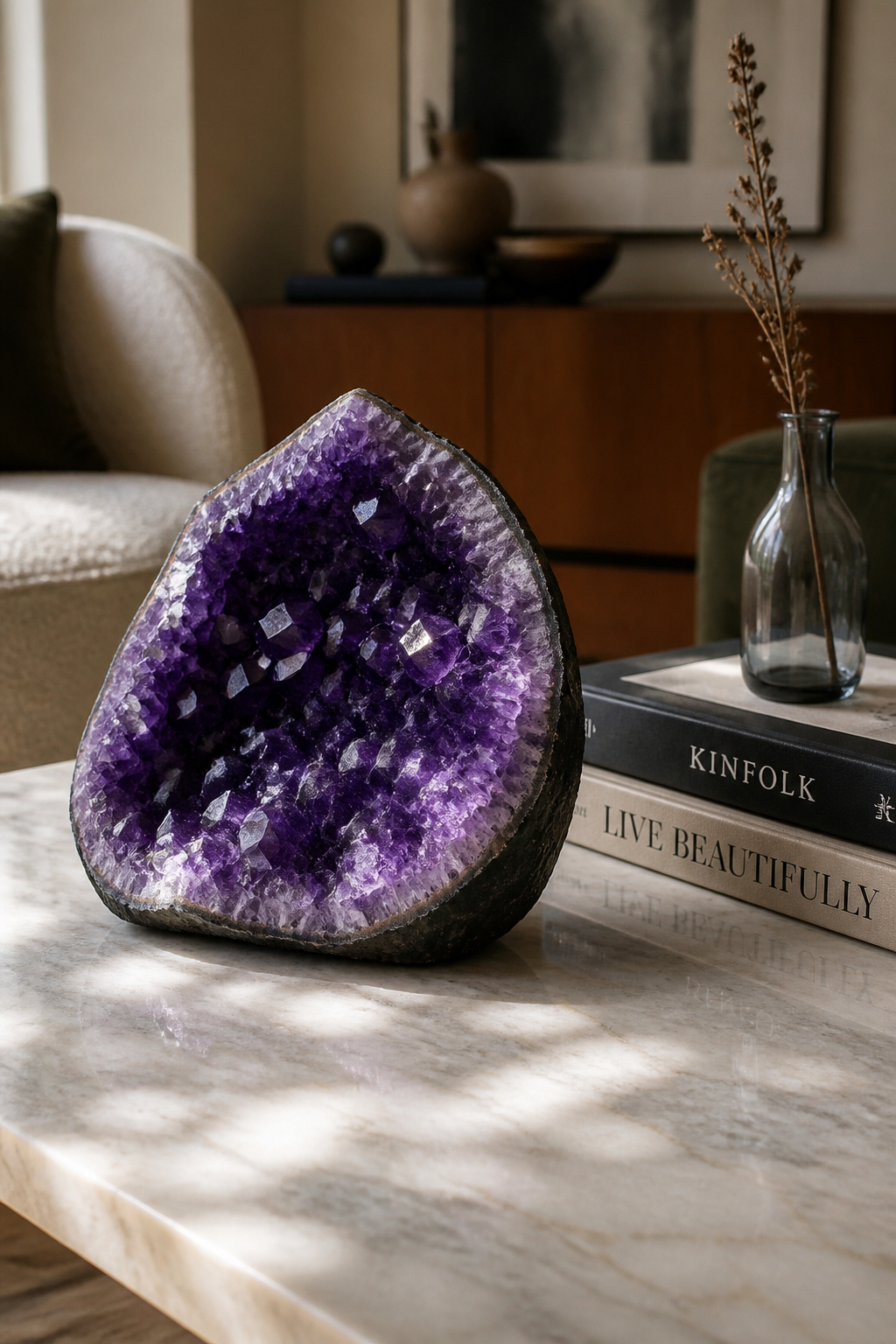 An amethyst geode cluster on a coffee table adds geological drama and catches light in a way that no manufactured object can match — its natural irregularity is precisely what makes it interesting.