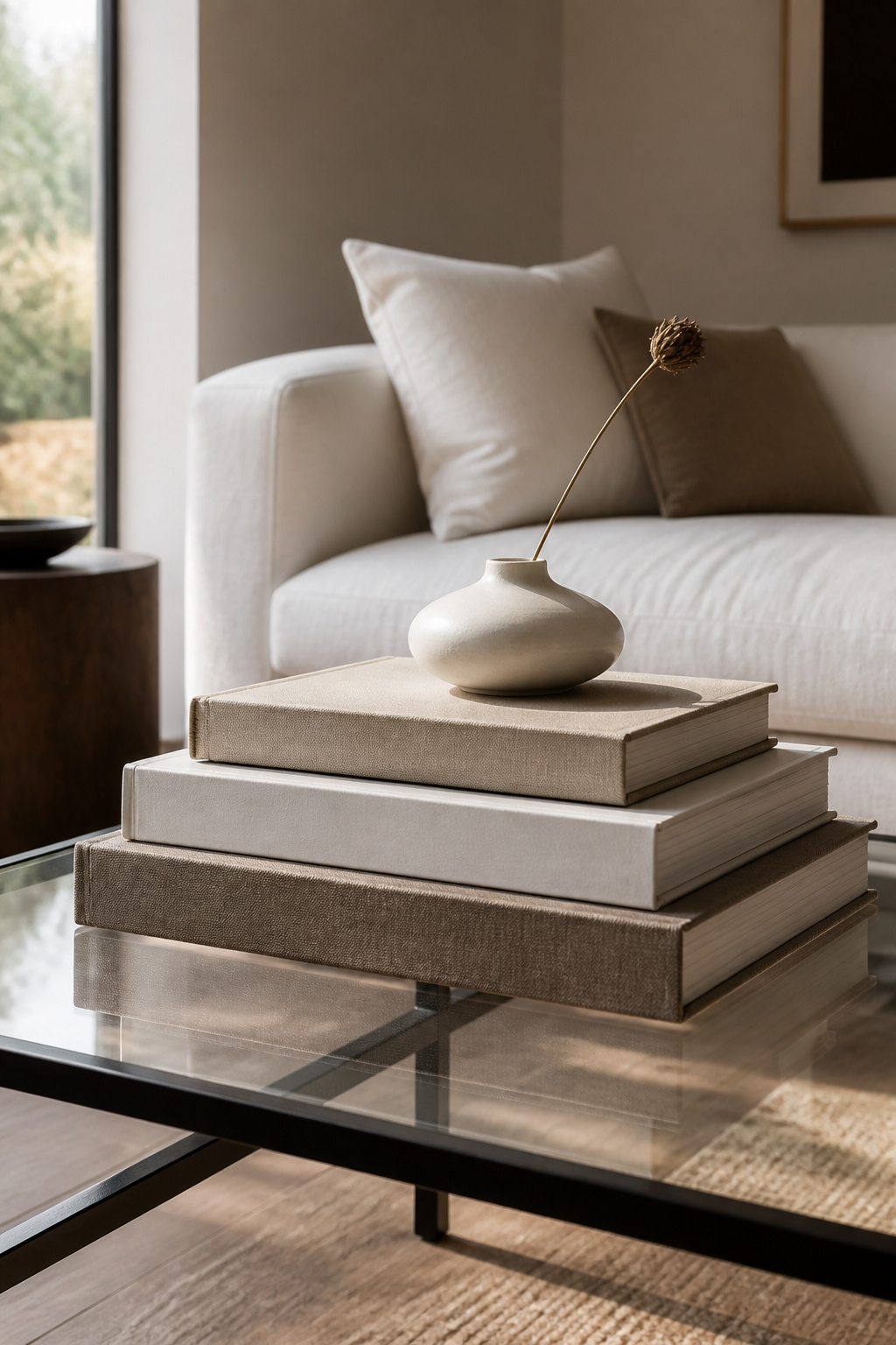 A curated book stack is the backbone of great coffee table styling — it creates height variation and gives every object placed on top a platform and presence.