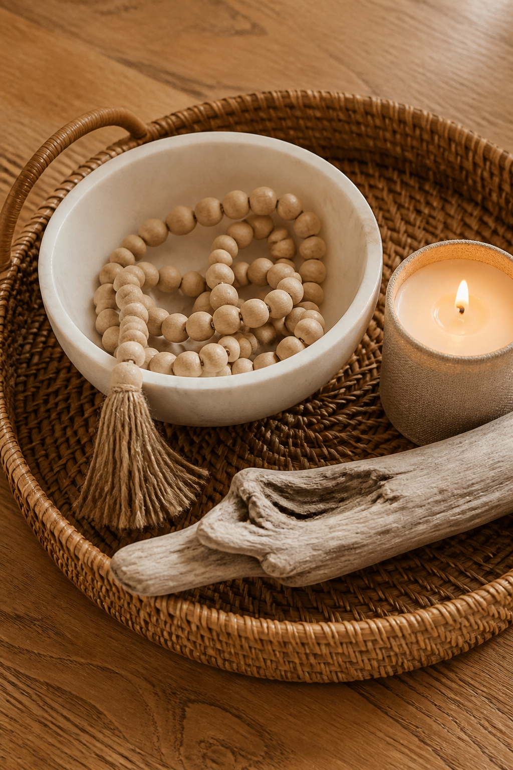 Combining one rough texture, one smooth texture, and one soft or woven texture creates the richest natural material story on a coffee table — each surface quality makes the others more visible.