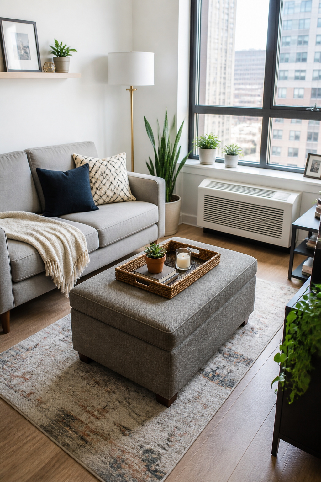 In small living rooms and apartments, a storage ottoman with a styling tray on top does the work of a traditional coffee table while keeping the styling to a scale that fits the space.