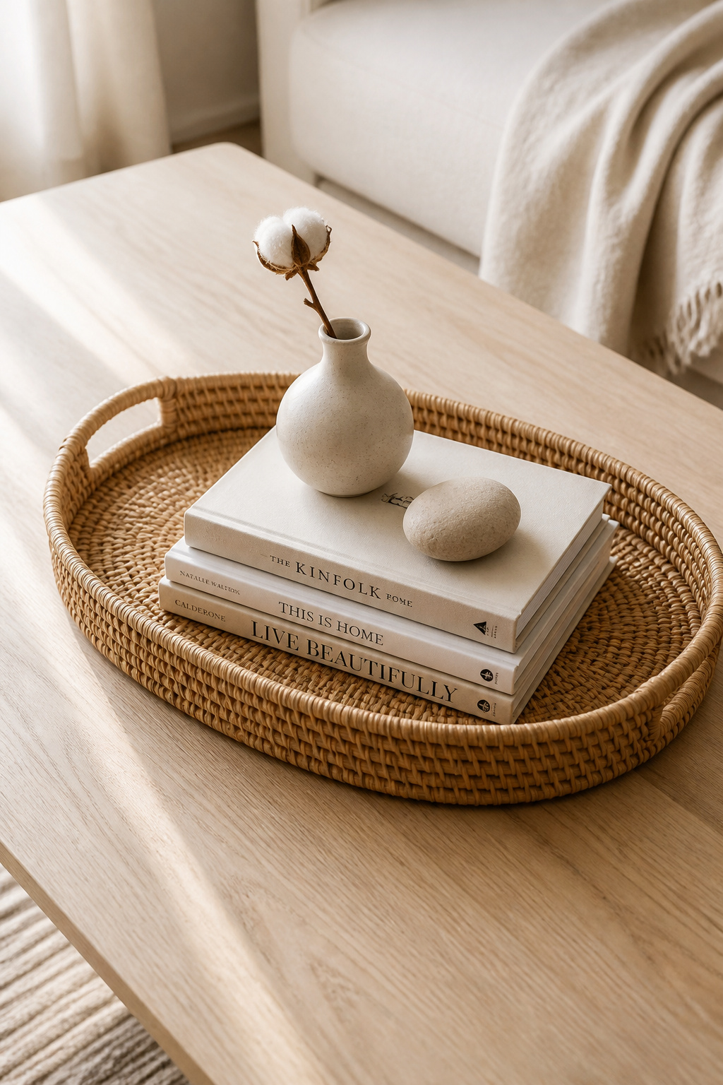 A well-sized rattan tray is the single most effective tool in coffee table styling, instantly turning a collection of objects into a composed, intentional vignette.