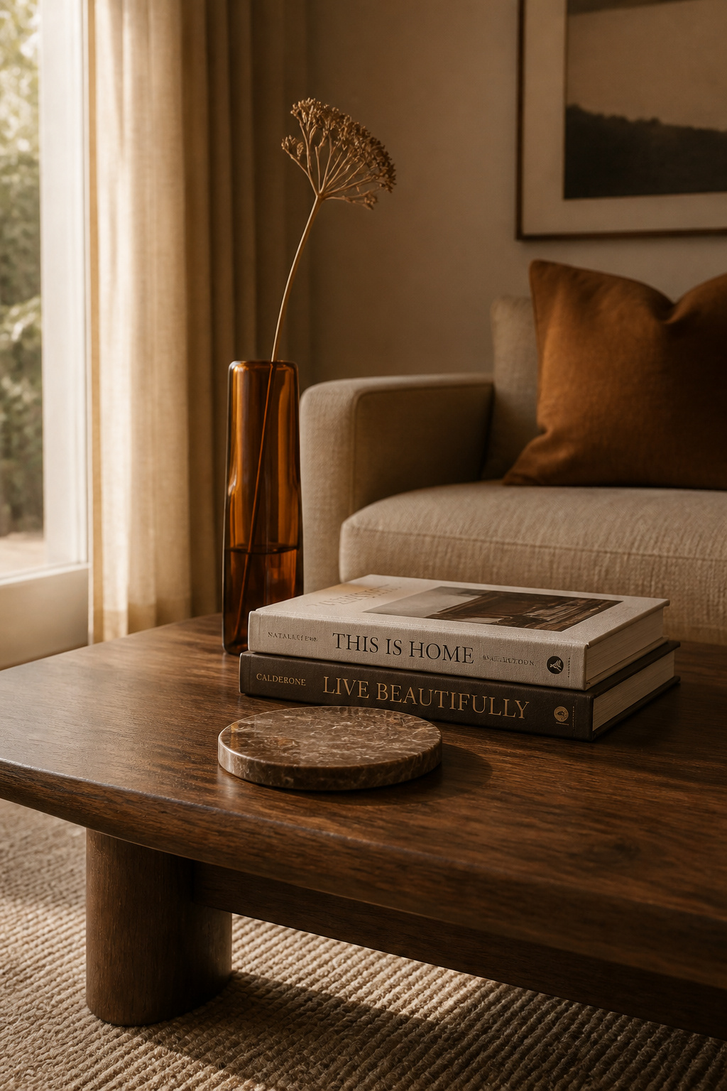 Three distinct height levels — a flat coaster set, a book stack, and a tall vase — with slightly overlapping footprints create the impression of depth and dimension on a flat table surface.