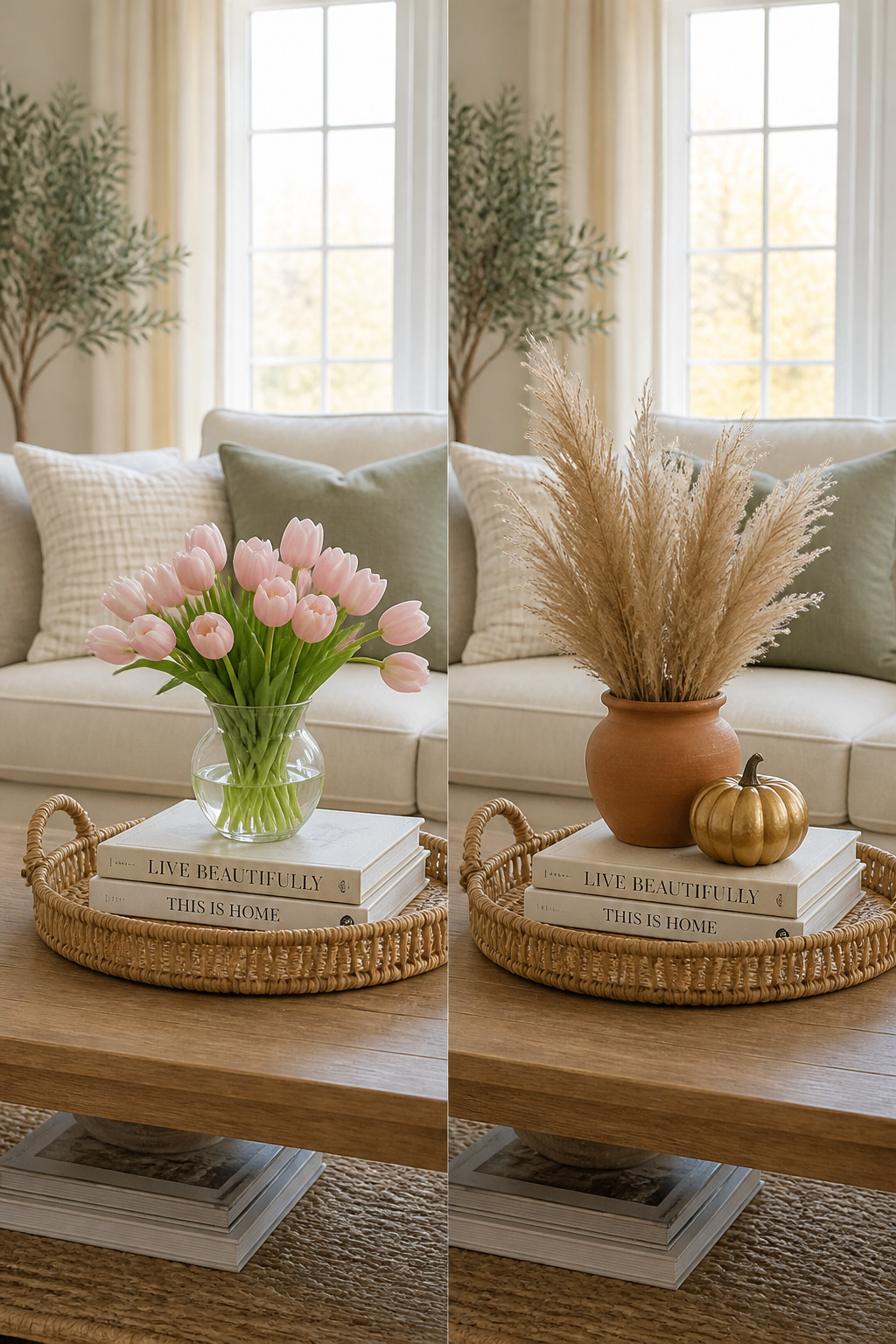 The seasonal coffee table swap works because the base stays constant — the same tray and books anchor both arrangements while the vessel, flowers, and organic element change with the season.
