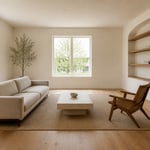A complete minimalist living room composition in warm natural tones — every piece chosen with purpose, every surface clear, every floor visible.
