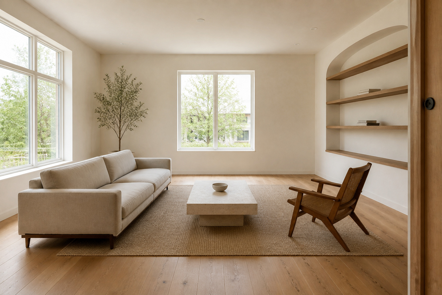 A complete minimalist living room composition in warm natural tones — every piece chosen with purpose, every surface clear, every floor visible.