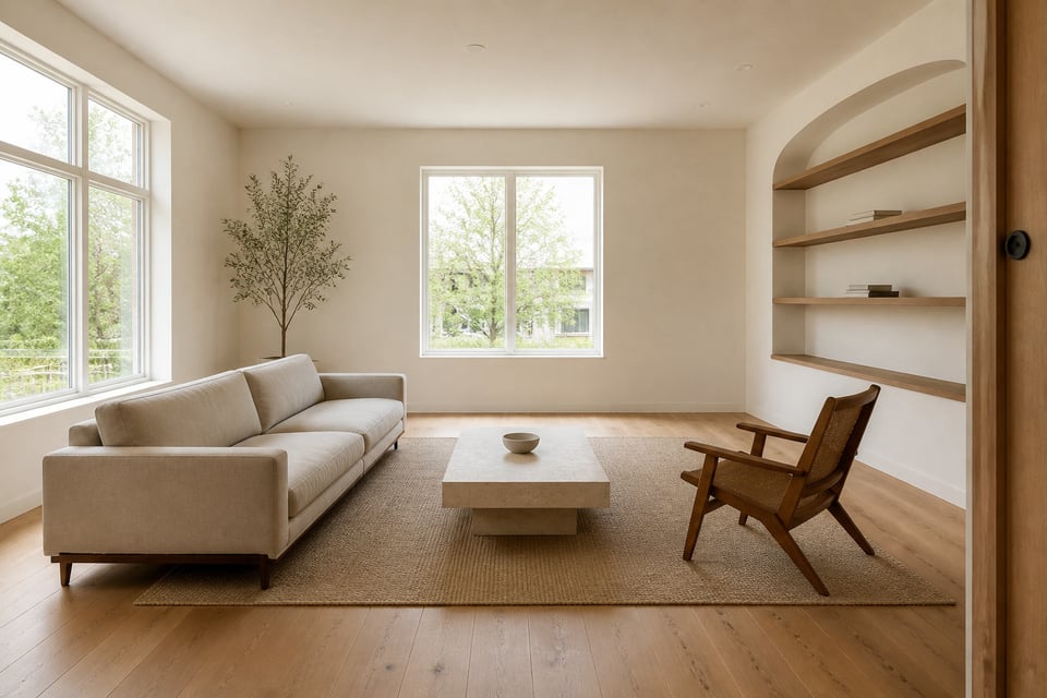 A complete minimalist living room composition in warm natural tones — every piece chosen with purpose, every surface clear, every floor visible.