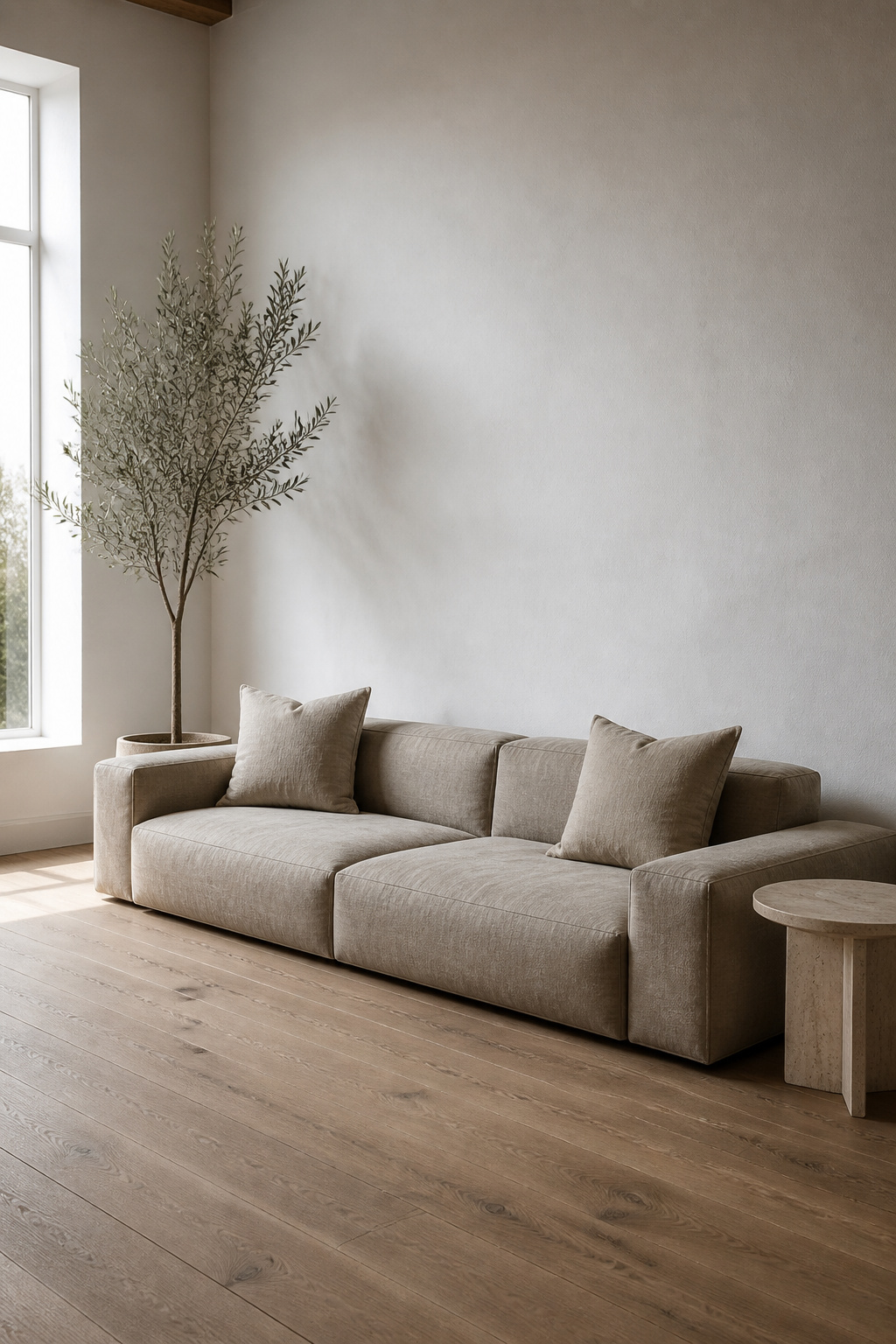A low-profile greige linen sofa demonstrates how seat height and fabric choice set the tone for the entire minimalist room.