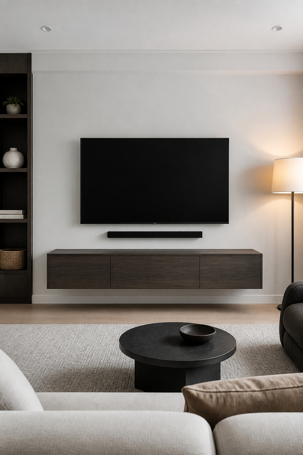 A floating smoked oak media unit keeps the floor completely clear, the defining characteristic of minimalist living room furniture done right.