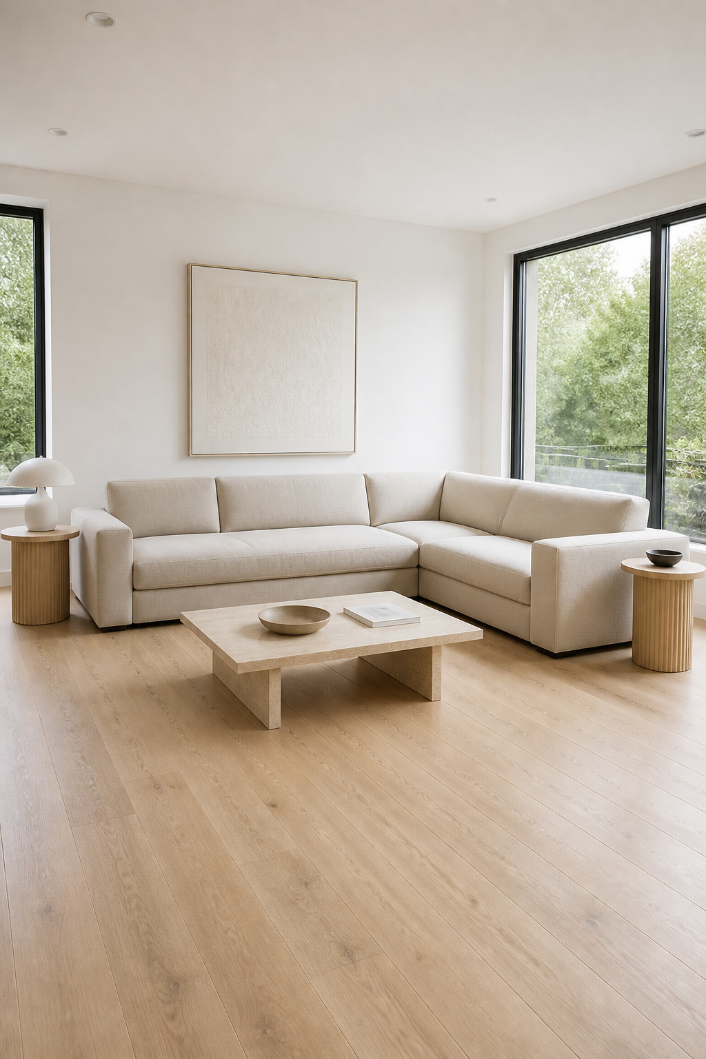 A precisely configured modular sectional demonstrates how clearance and proportion matter more than sofa style in minimalist rooms.