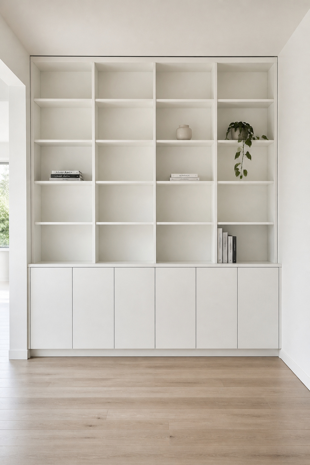 A floor-to-ceiling storage wall with closed lower cabinets and open upper shelves clears the floor completely — storage as architecture, not furniture.
