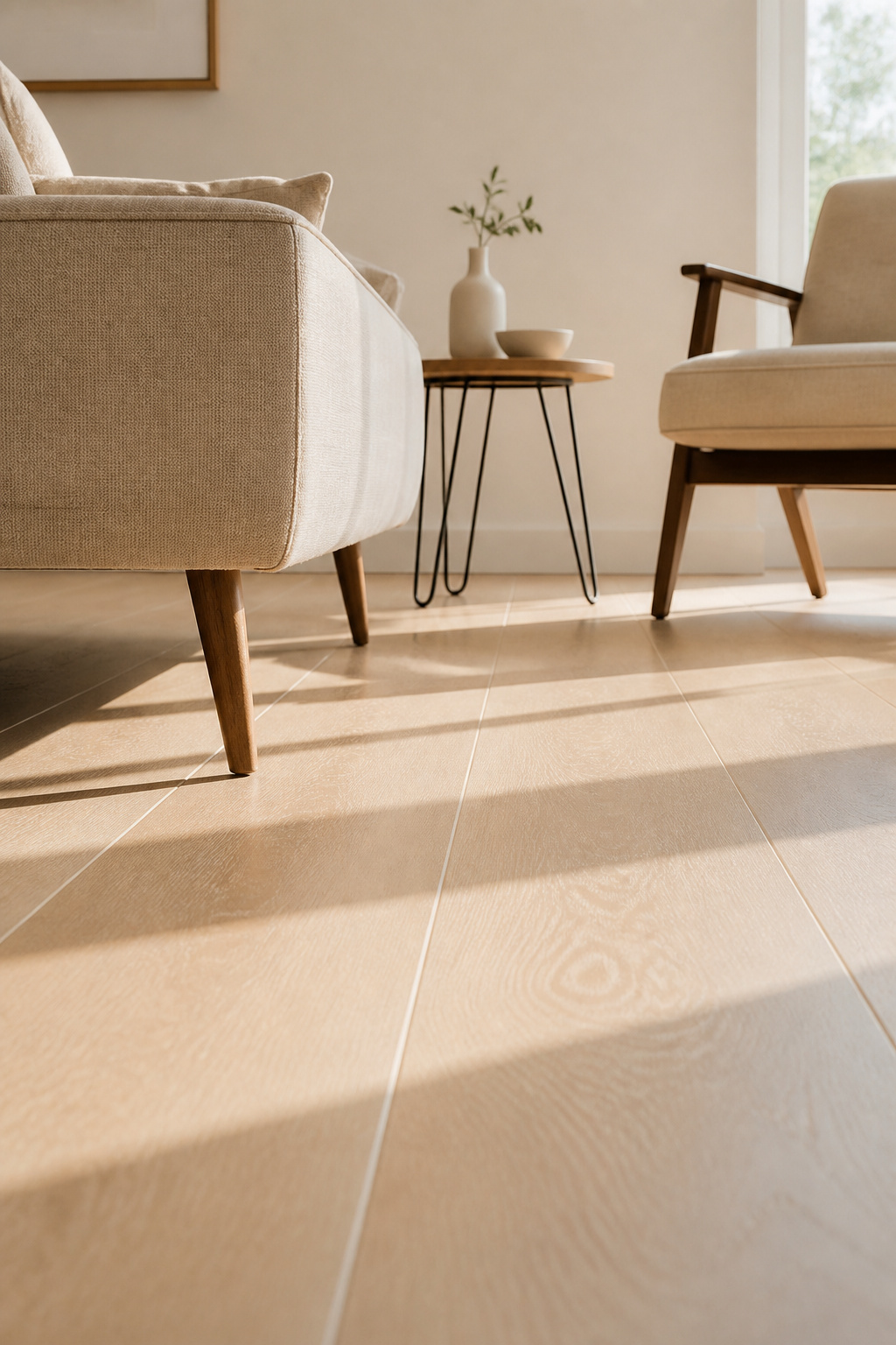 Leggy furniture across every piece — sofa, side table, accent chair — exposes the continuous floor plane that makes a minimalist room feel spacious.