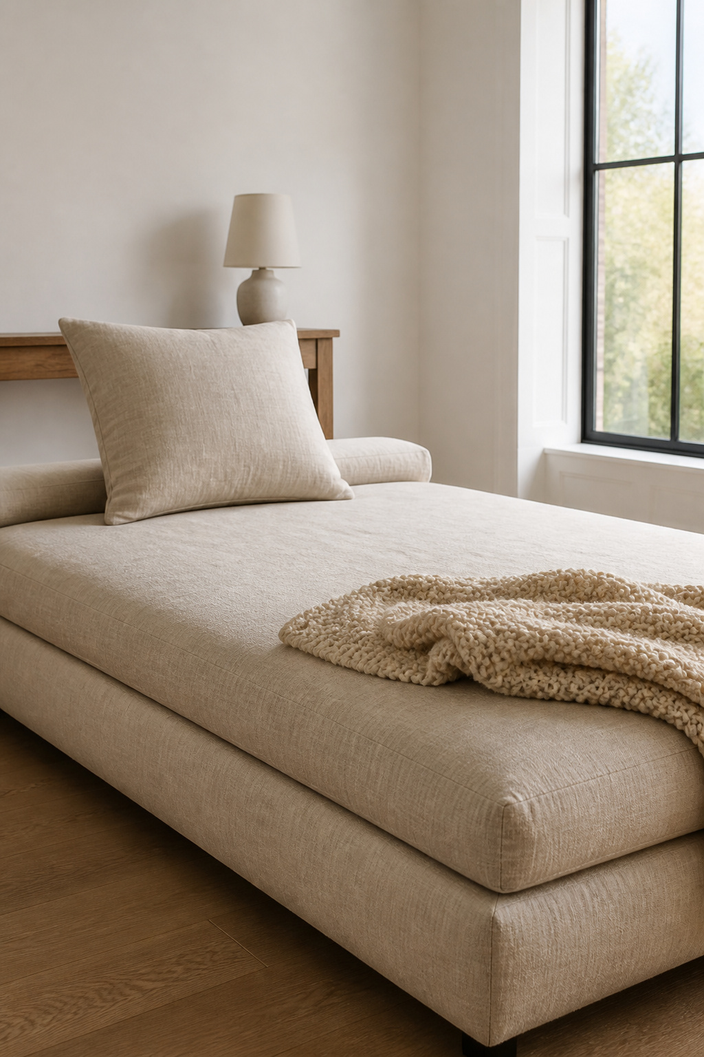 A linen platform daybed styled with one pillow and one throw reads as a living room piece, not a bedroom intrusion.