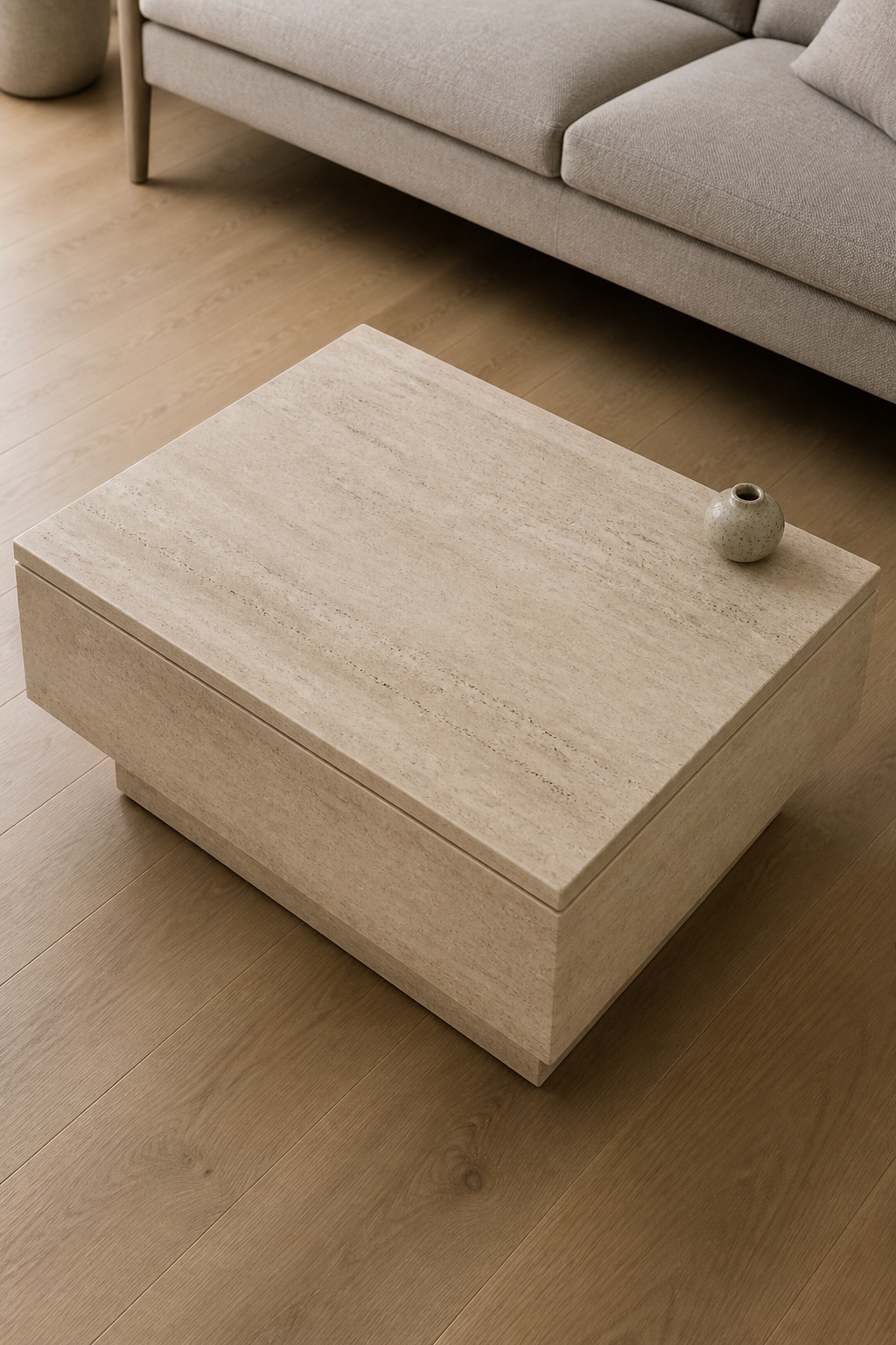An ivory travertine coffee table with concealed storage keeps the surface clear and the room composition clean.