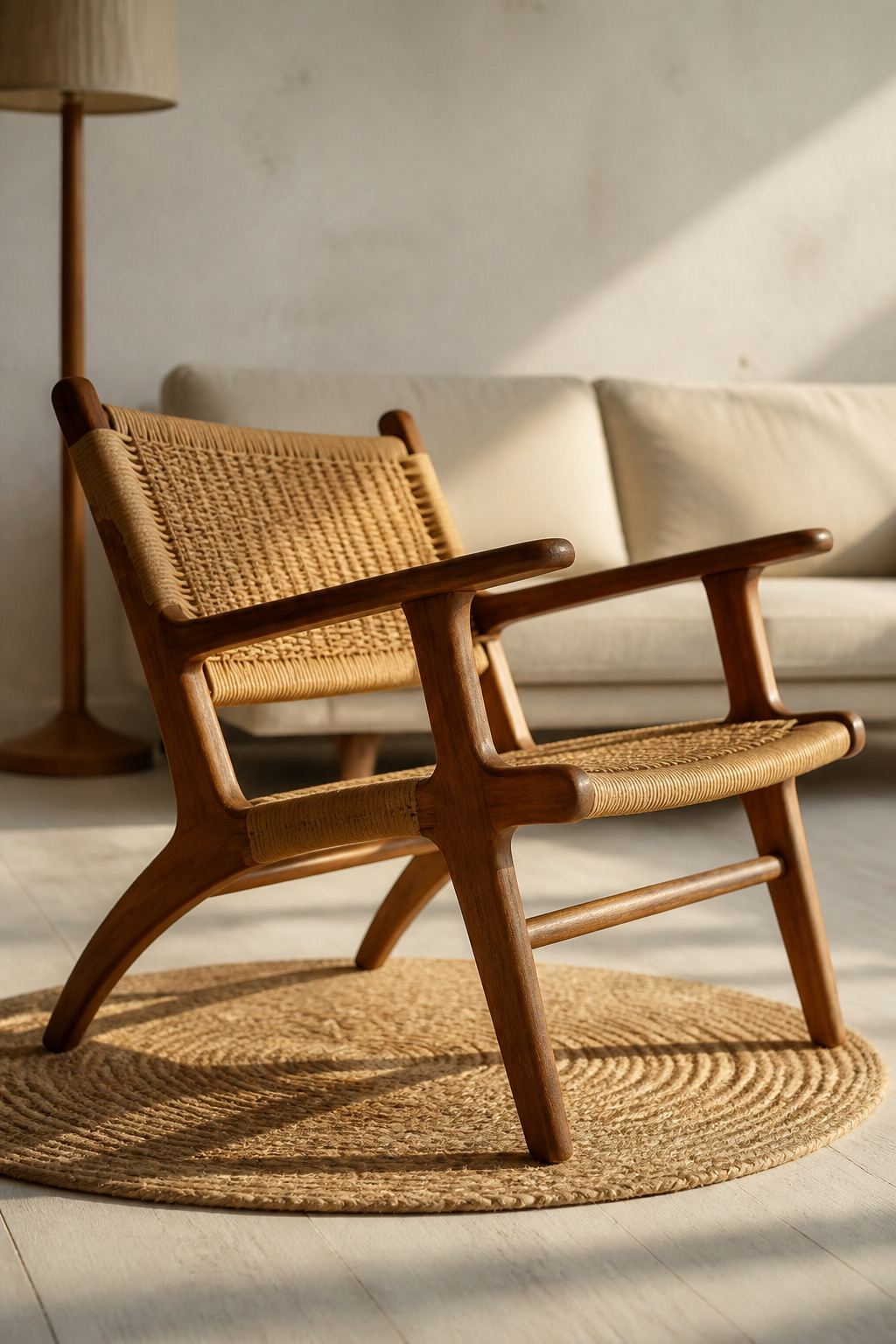 A single Wishbone-style chair in woven rattan shows how one resolved piece anchors a minimalist living room without clutter.
