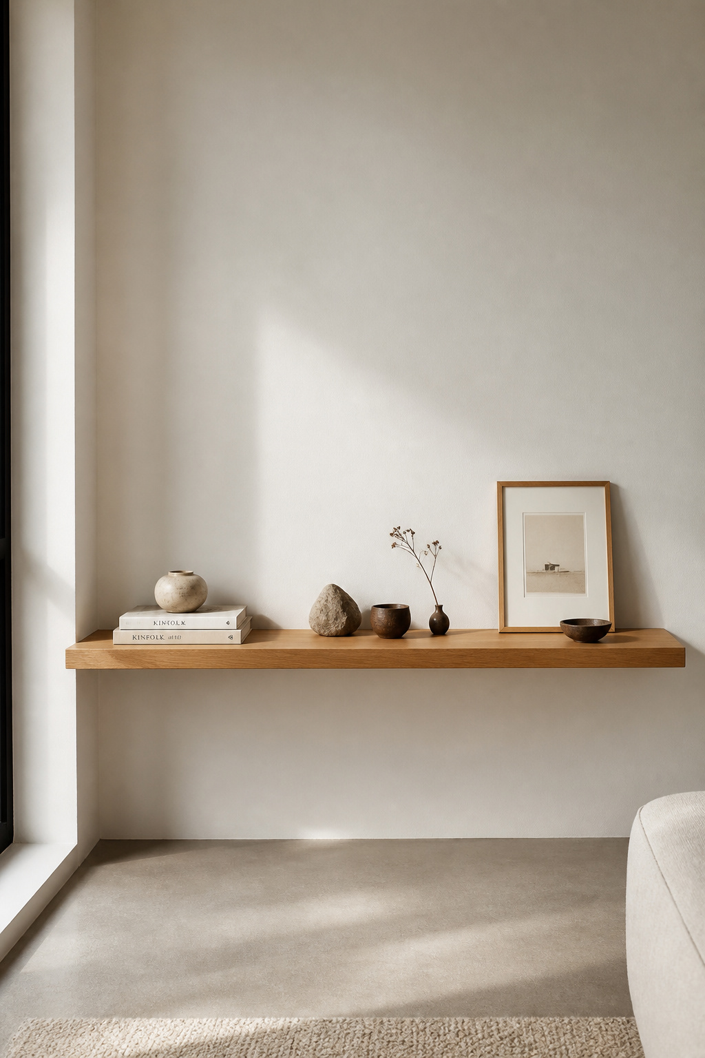 Open oak shelving with deliberate negative space and three-object vignettes shows how purposeful display differs from simple accumulation.
