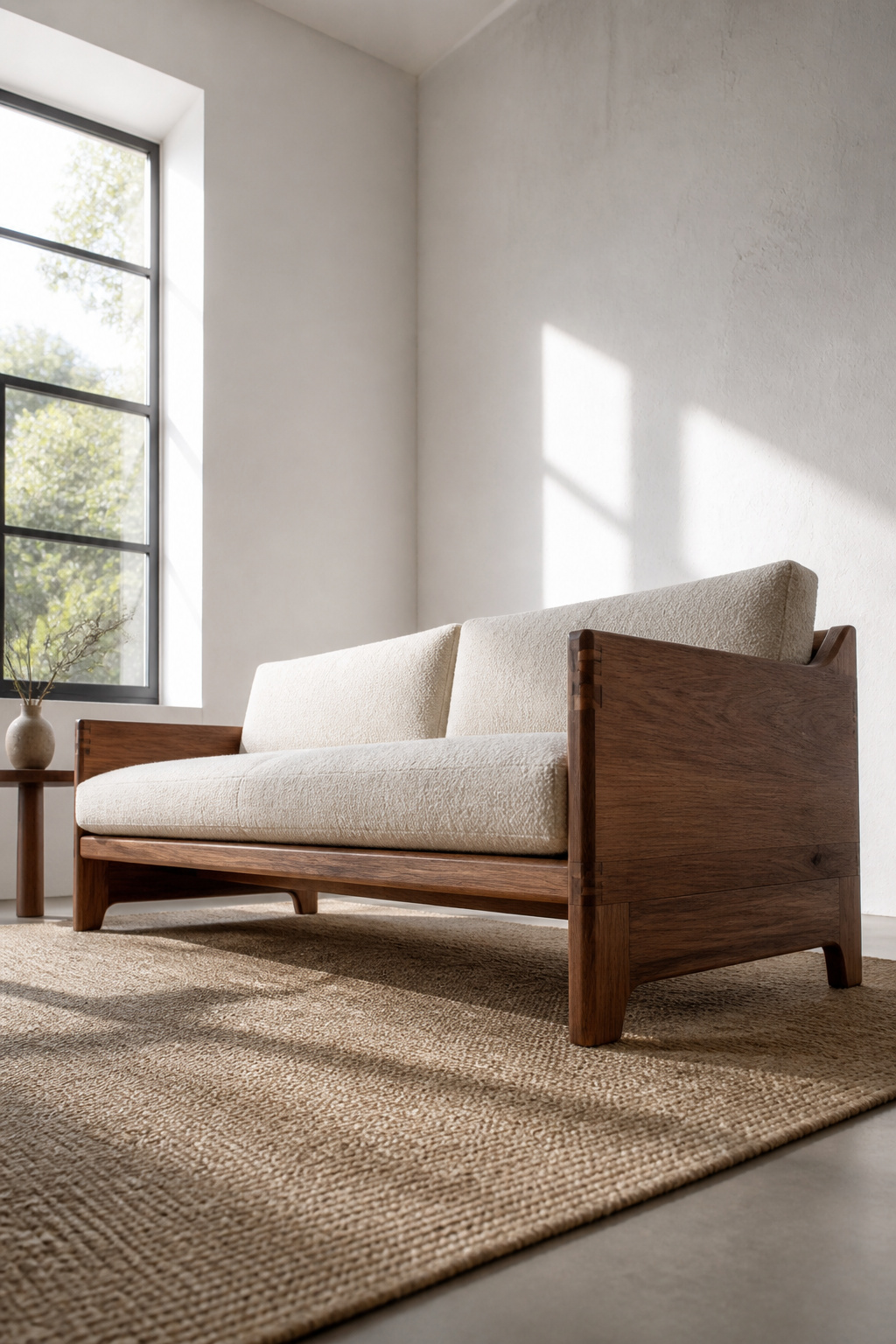 One exceptional walnut sofa with visible hand joinery stands as the hero piece — every other element in the room is deliberately subordinate to it.