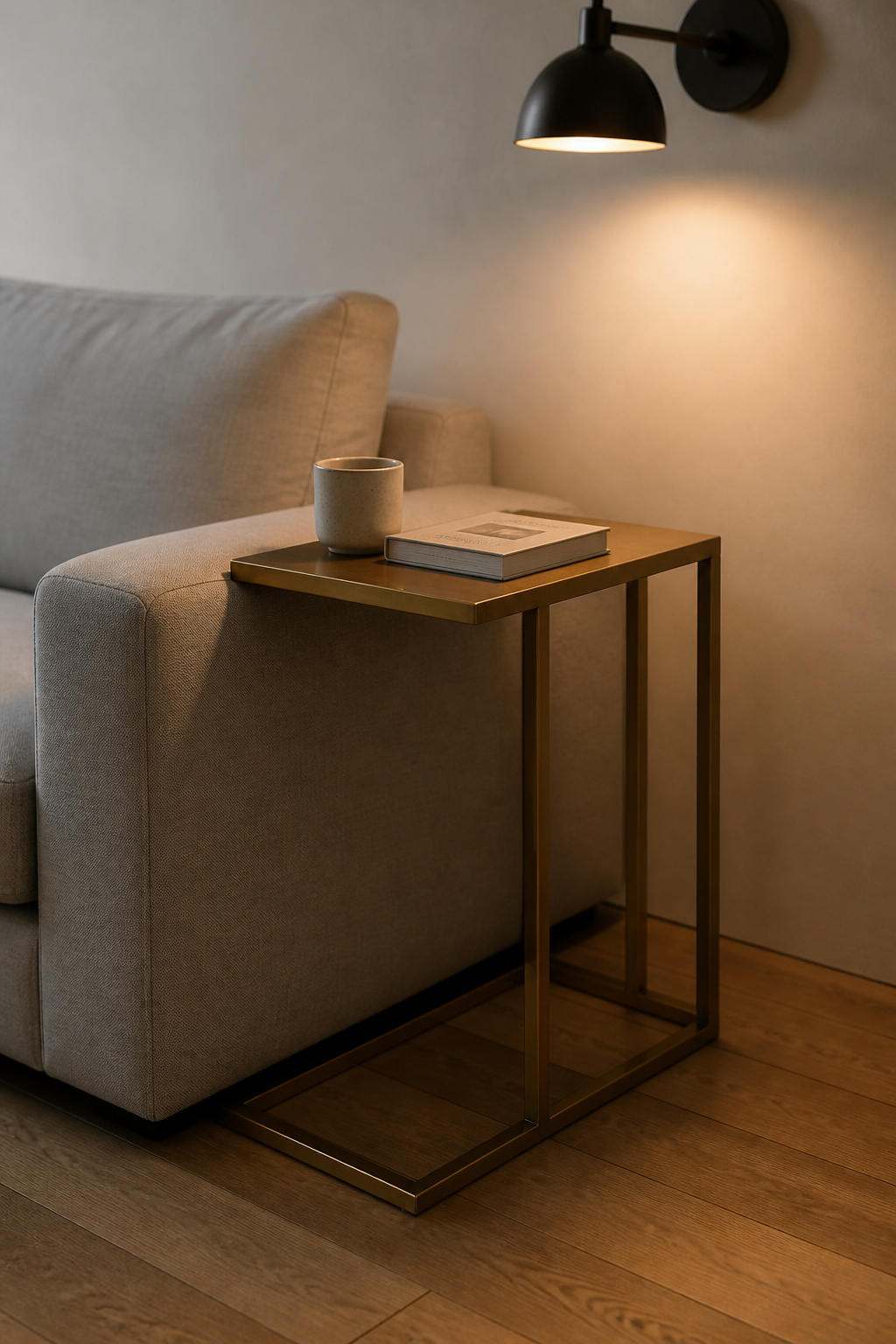 A C-frame brass side table slides under the sofa arm at exact arm height — the ergonomic and spatial logic of one side table per seat made visible.