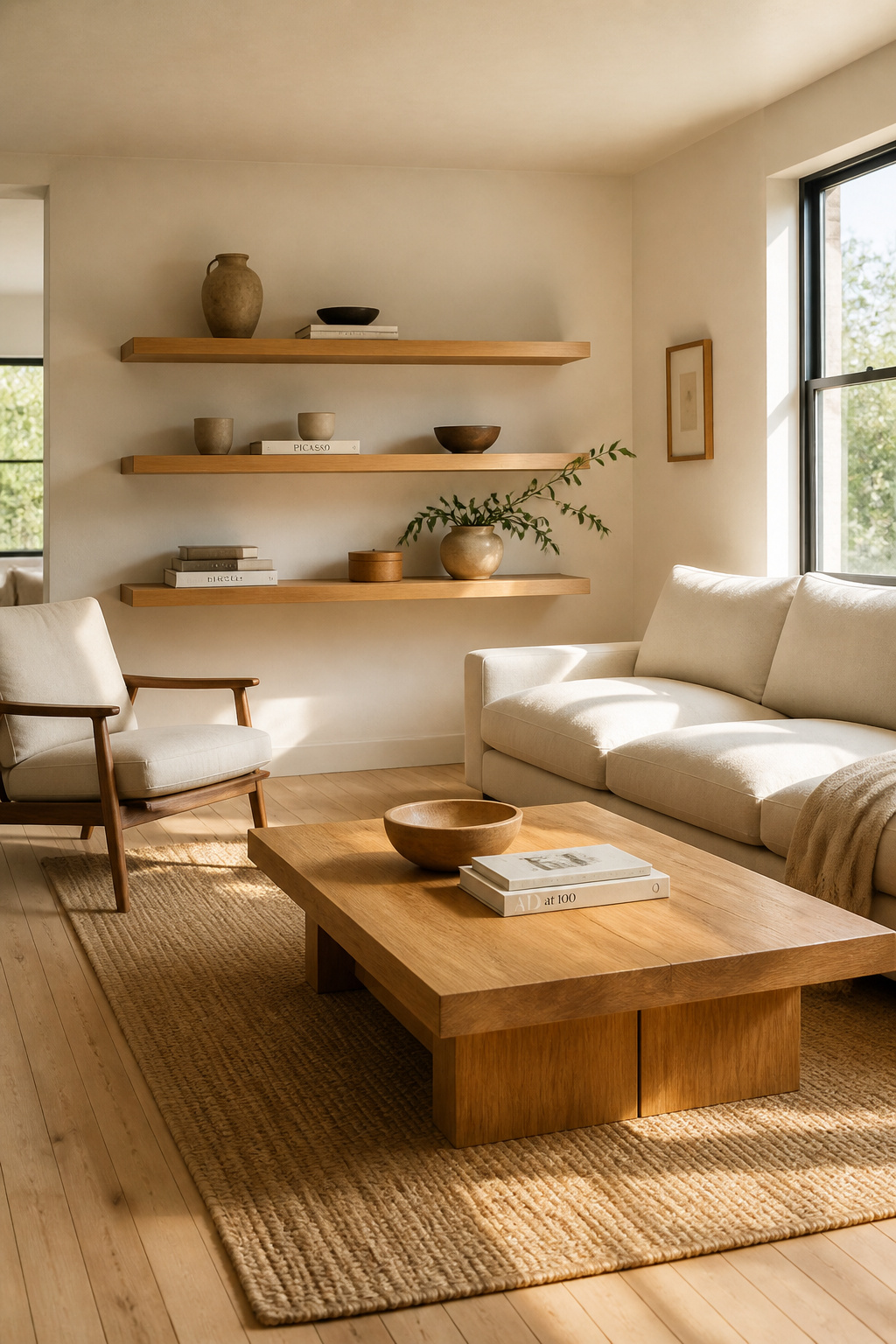 Natural oak and walnut across every piece in the room shows how a single wood family creates warmth and cohesion in minimalist living room furniture.