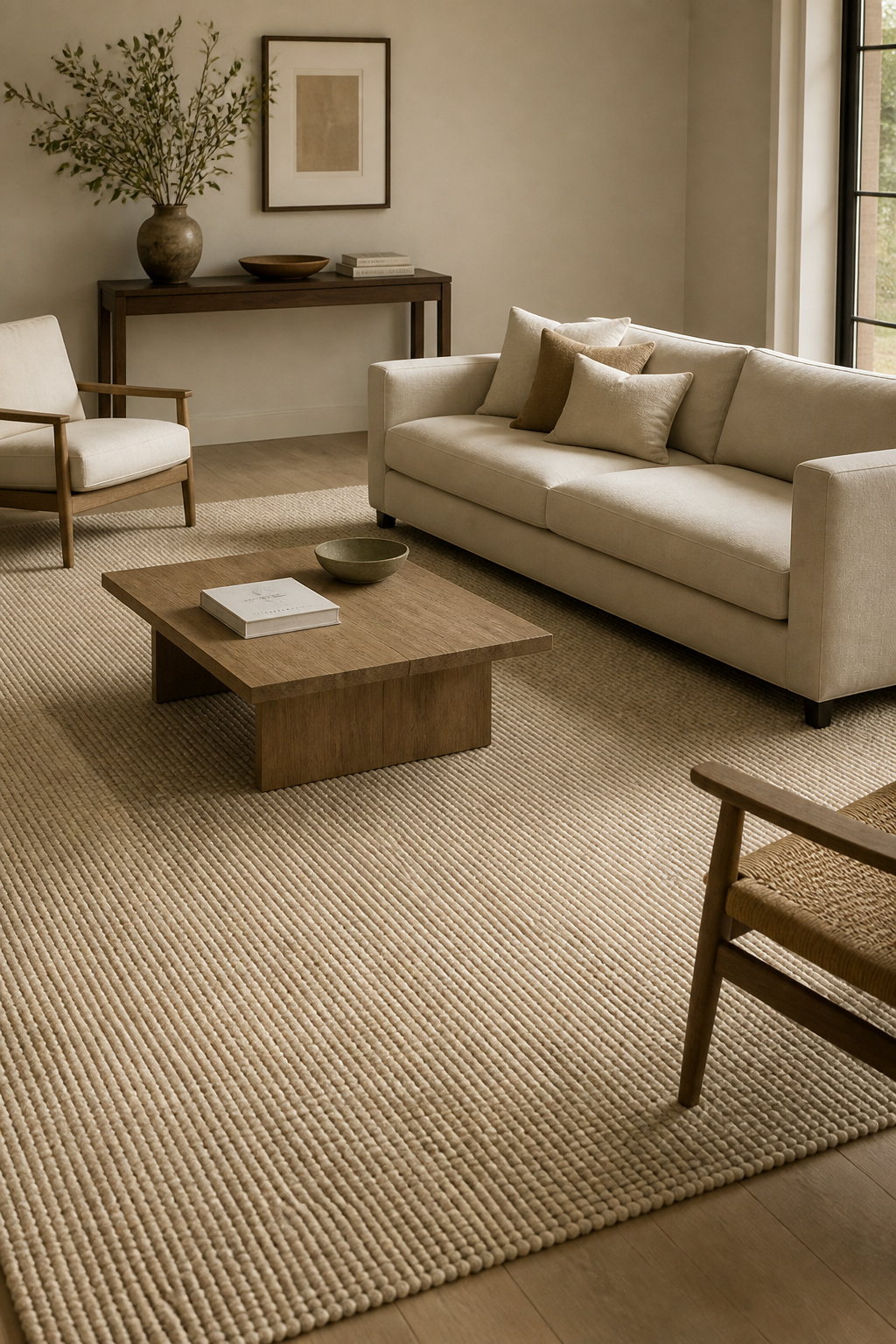 A flat-weave wool rug sized to anchor all four sofa legs is the room's only texture layer — and precisely enough.