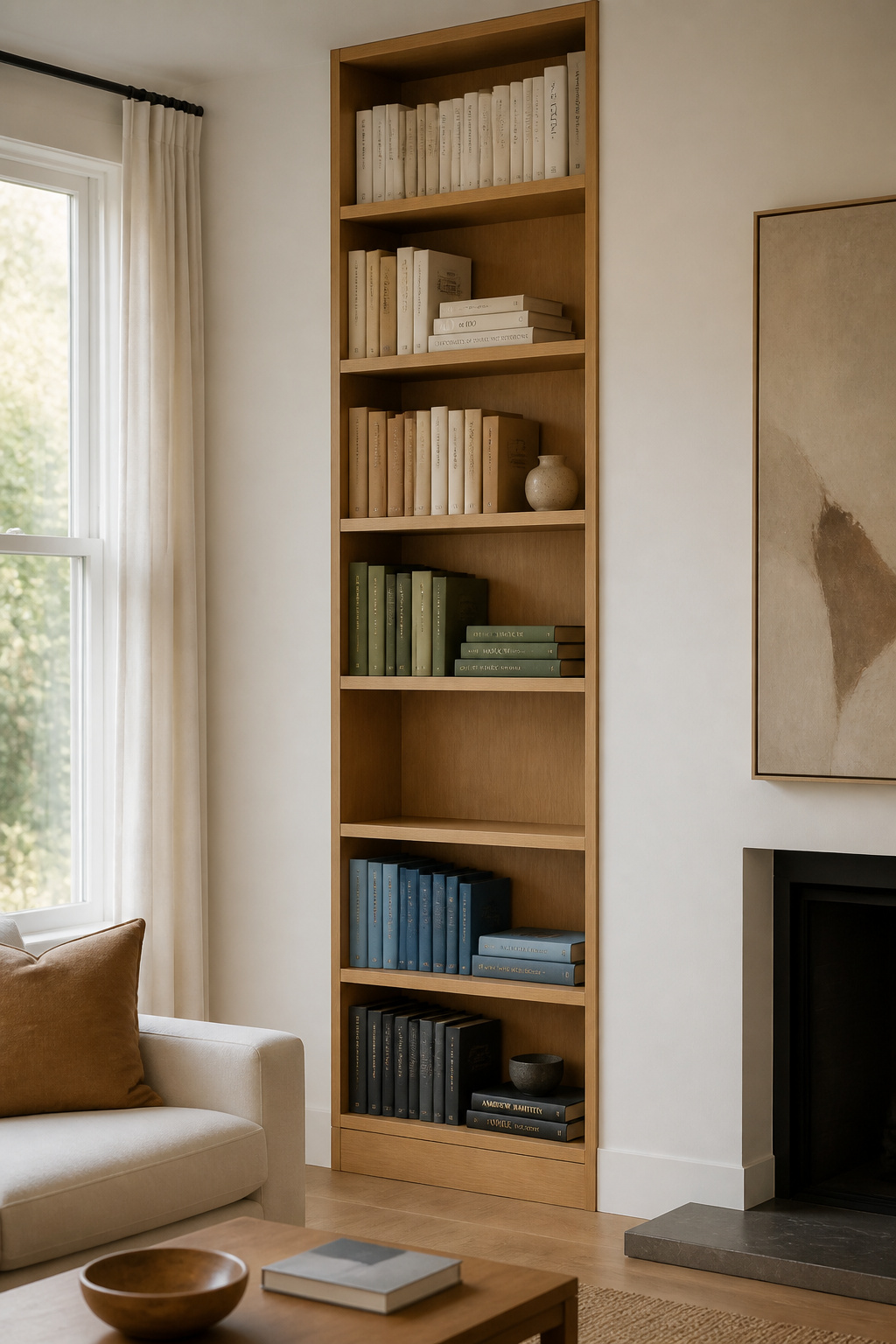 A floor-to-ceiling narrow oak bookshelf with colour-blocked books and deliberate empty space reads as architectural rhythm, not storage.