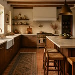 The fully resolved brown kitchen: walnut slab cabinets, exposed timber beams, terracotta tile, and unlacquered brass — a room that gets better with every year of use.