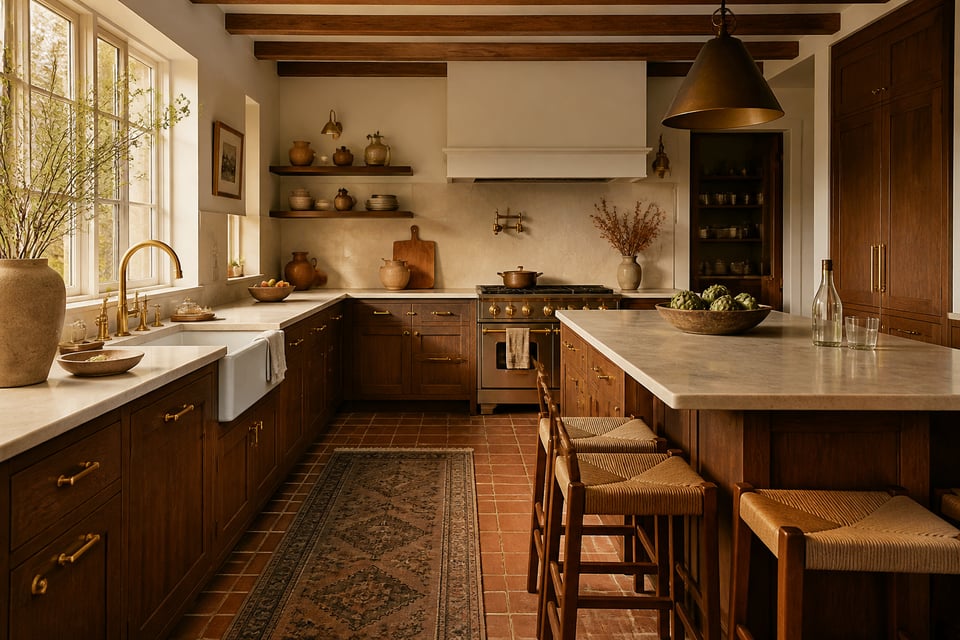 The fully resolved brown kitchen: walnut slab cabinets, exposed timber beams, terracotta tile, and unlacquered brass — a room that gets better with every year of use.