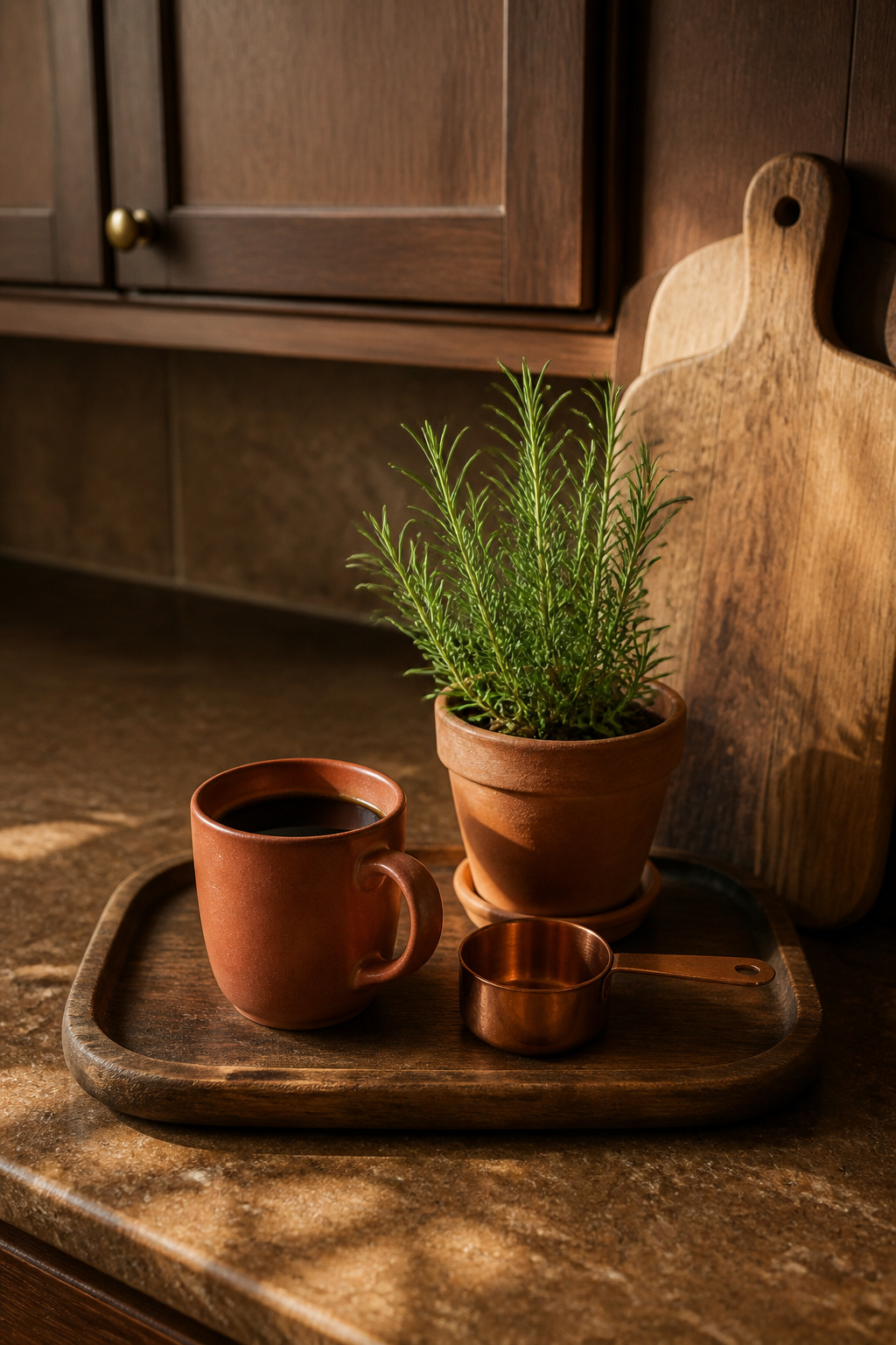 The edit principle on a brown kitchen counter: a tray corrals three warm-material objects, a board provides vertical interest, and the rest of the counter surface stays clear.