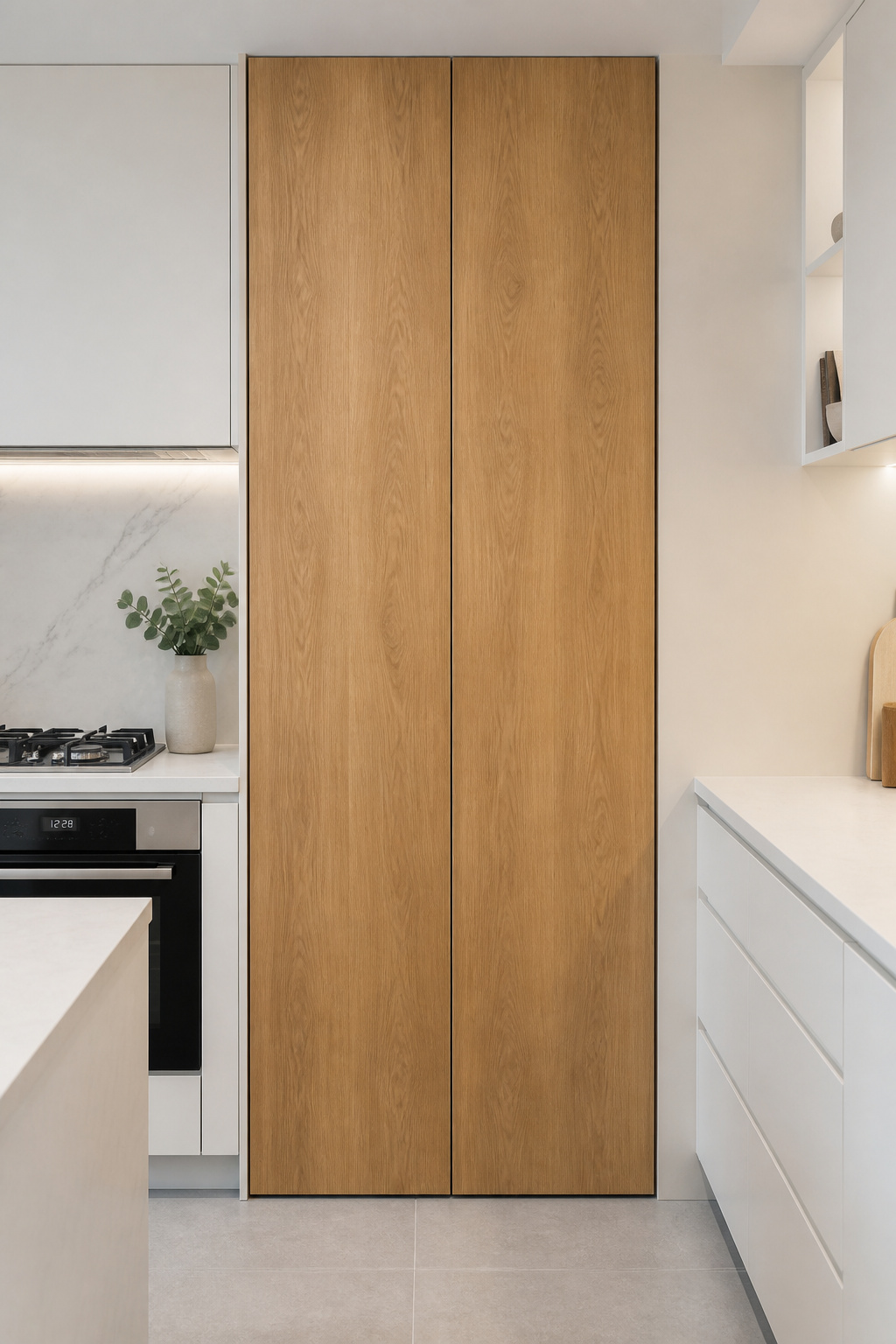 Floor-to-ceiling flat-panel timber pantry doors in a minimal kitchen introduce warmth at scale — the grain pattern carries the design weight without profile or hardware distraction.