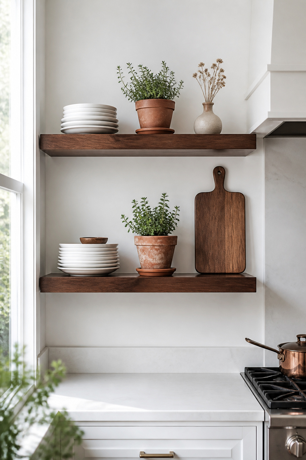 Two floating walnut shelves in an otherwise white kitchen introduce warm brown with surgical precision — a starting point for those not ready to commit to full cabinet replacement.
