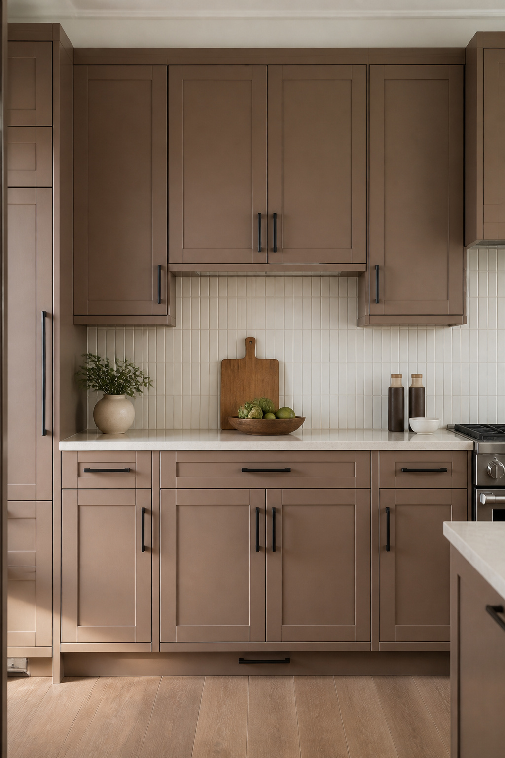 A matte mocha finish on flat-front Shakers is the current intersection of warmth and restraint — the colour does the work, the profile stays out of the way.