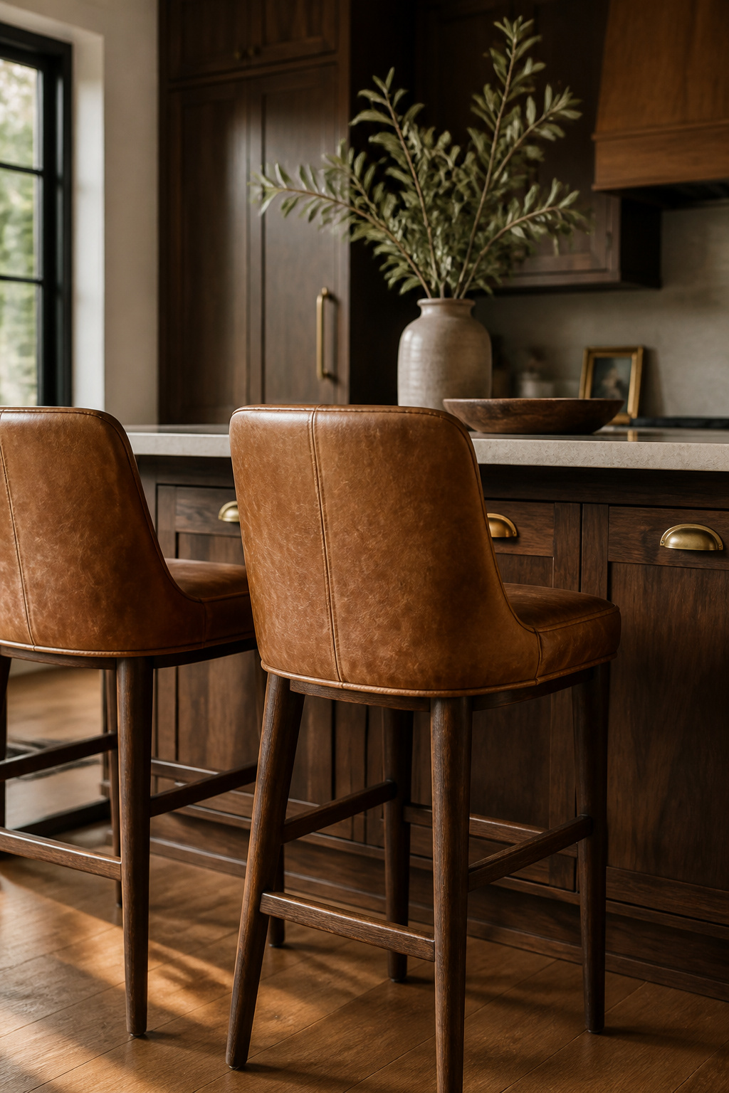 Caramel full-grain leather and dark walnut cabinetry share the same warm undertone family — a combination that deepens naturally over years of use rather than dating.