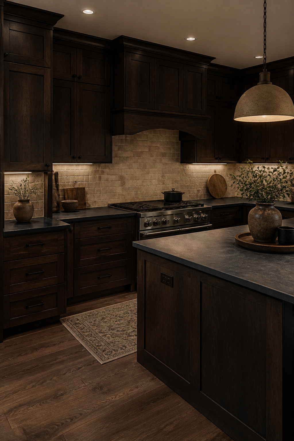 Soapstone's blue-grey undertones provide exactly the subtle contrast needed against warm brown cabinetry — similar in value but different in hue, preventing the dark-on-dark combination from going flat.