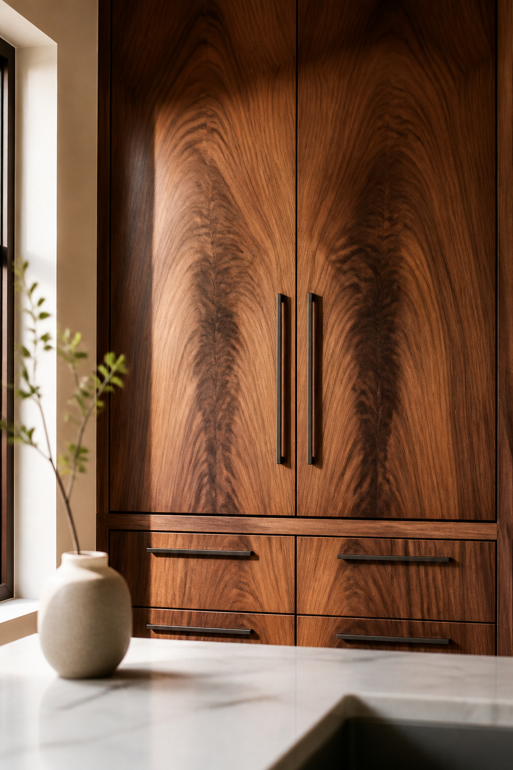 Book-matched walnut slab cabinets create a furniture-like focal point in a contemporary kitchen, with mirror-image grain patterns doing the design work without additional ornamentation.