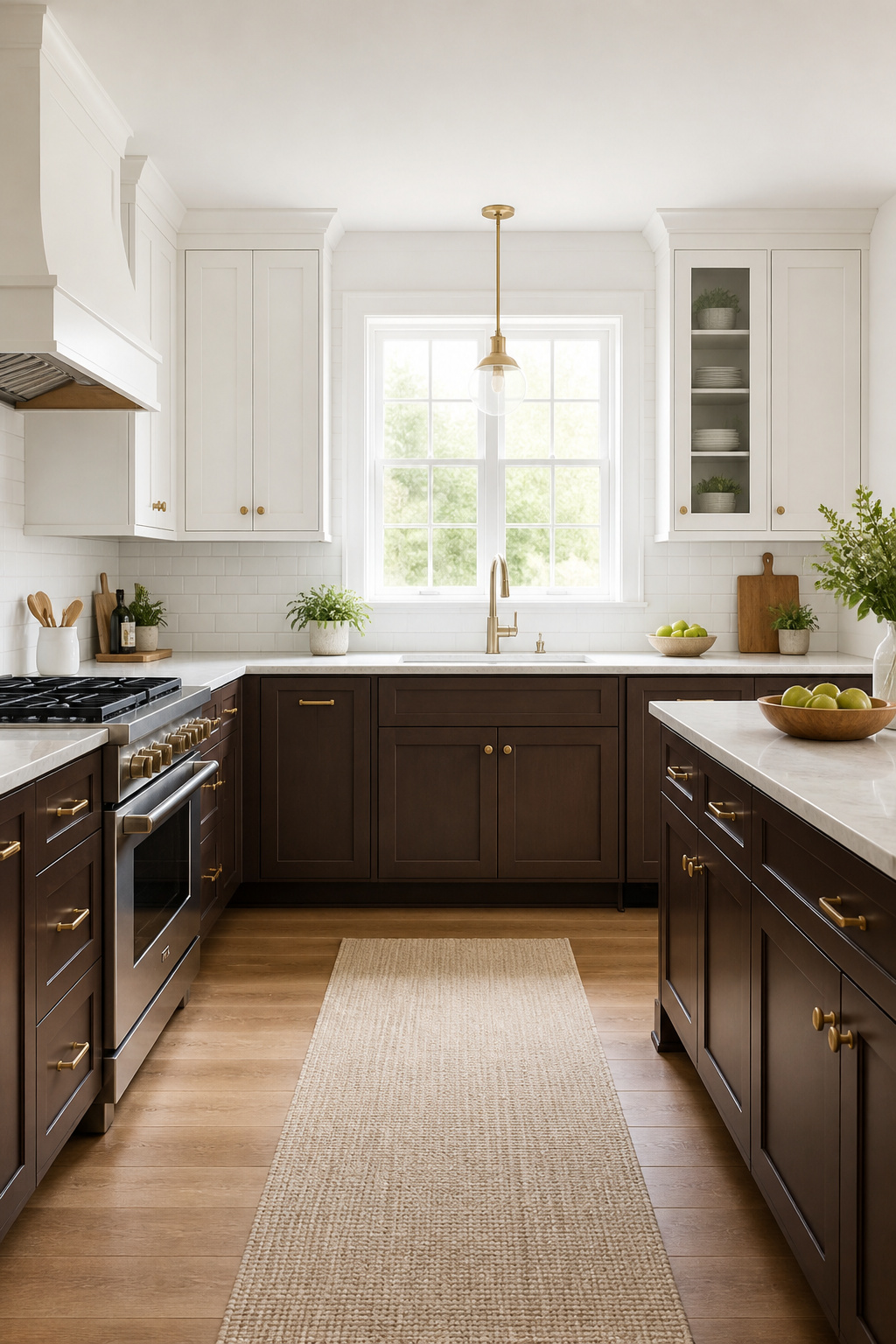 The brown-below, white-above formula grounds the kitchen at floor level while keeping the upper half open and light — one of the most reliable moves in residential kitchen design.