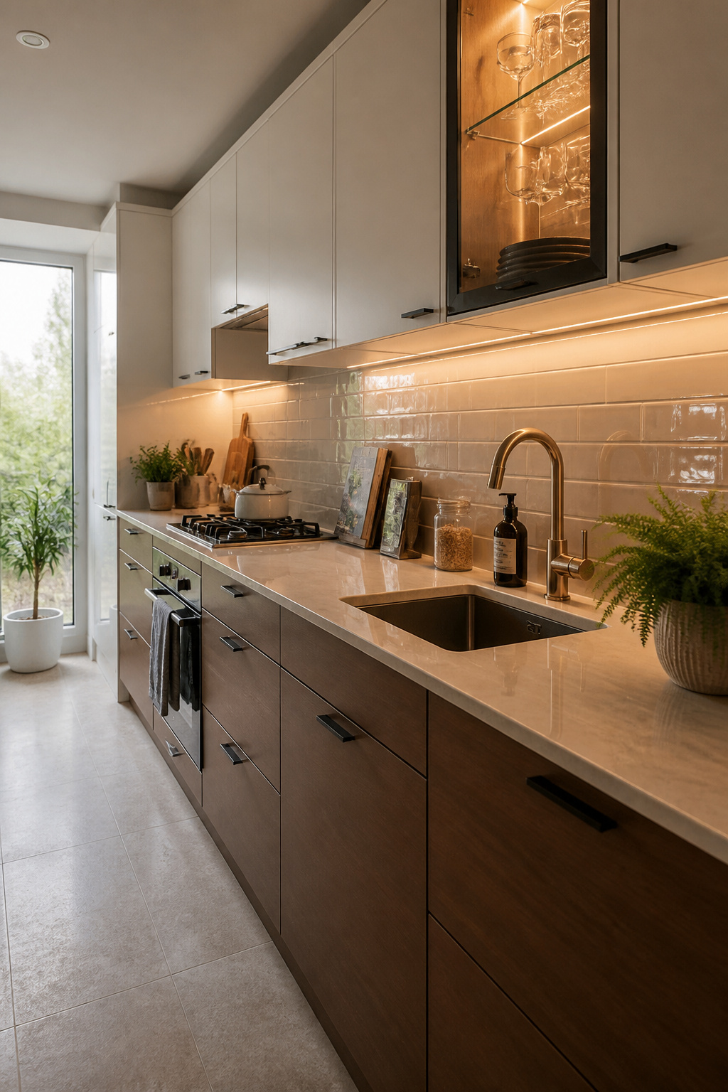 Brown base cabinets with white uppers, under-cabinet LEDs at 3000K, and a reflective backsplash resolve the cave-problem without abandoning the warmth that makes a brown kitchen worth having.