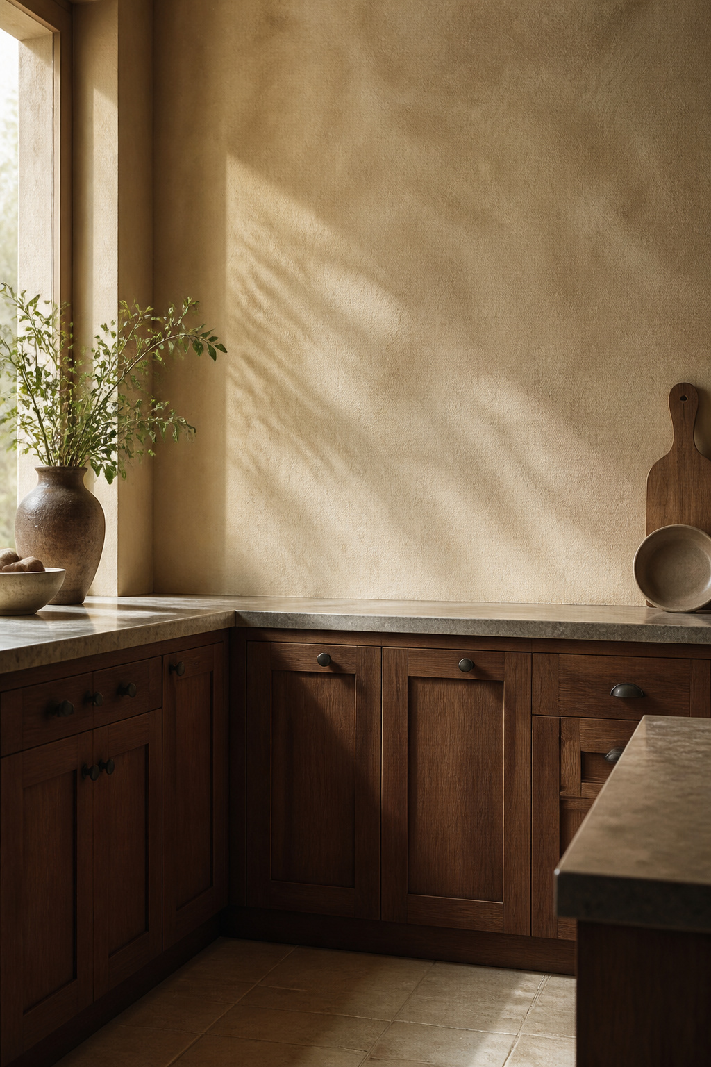 Limewash walls add dimensional texture that flat paint can't replicate — light passes through thin layers and reflects back, creating a warmth that sits naturally alongside brown cabinetry.