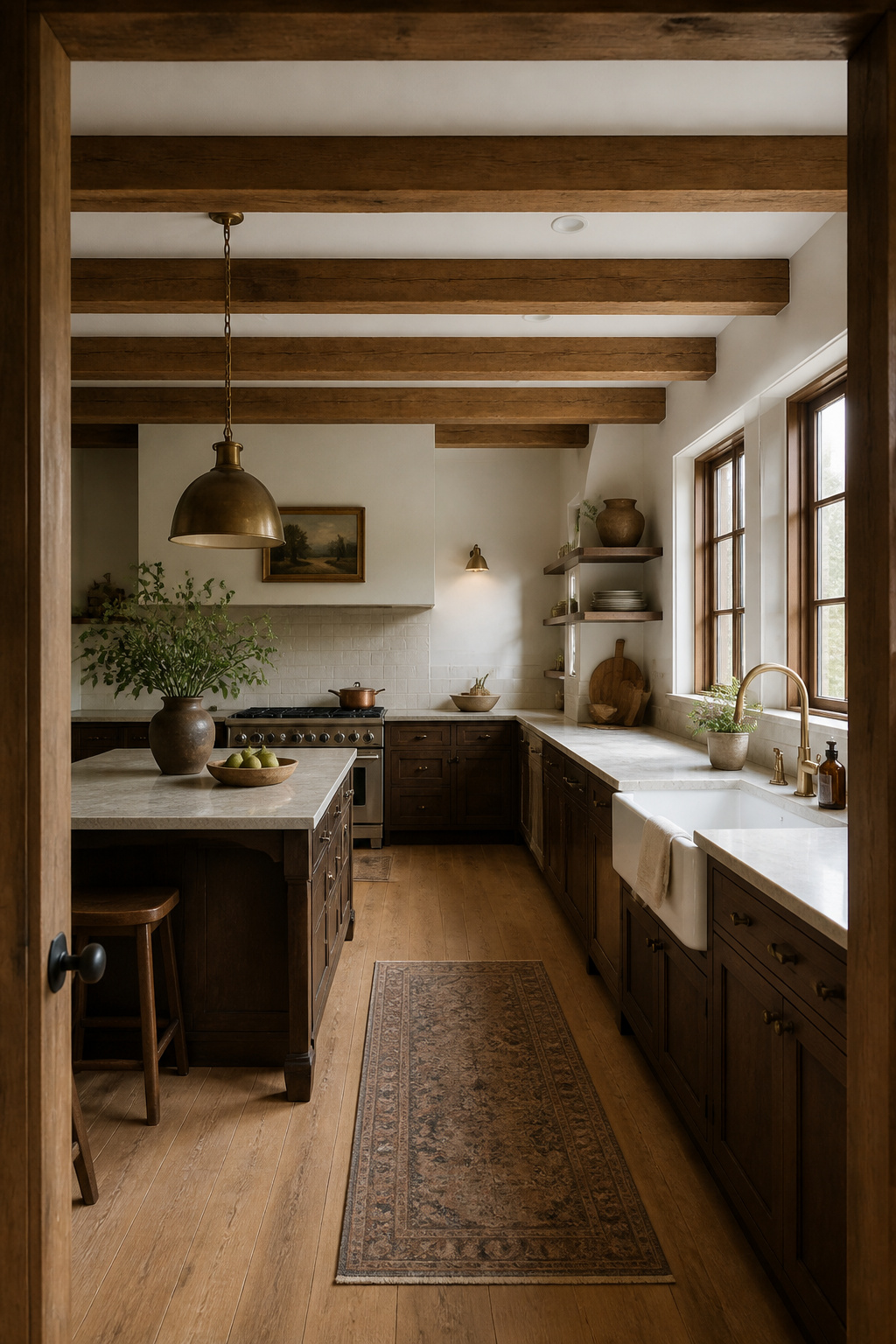 Medium-stained timber beams above dark brown cabinetry create a layered warmth that reads as genuinely historic rather than retrospectively designed.