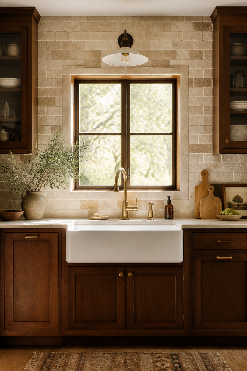 Travertine's warm cream-and-tan palette speaks directly to brown cabinetry, while a fireclay apron sink adds honest, durable character that improves with age.