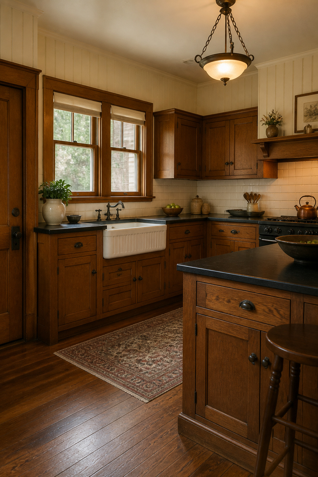 Quarter-sawn oak inset cabinets with oil-rubbed bronze hardware are the authentic foundation of a Craftsman kitchen — a style whose design decisions were made in the 1900s and haven't needed revision.