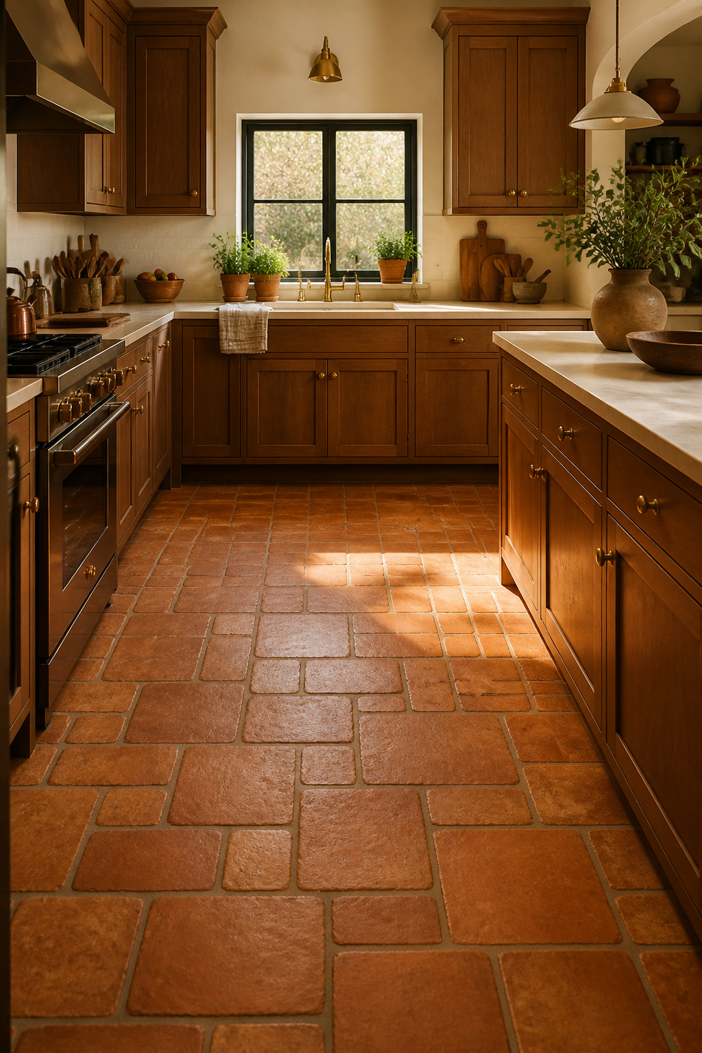 Saltillo terracotta and brown wood cabinetry are a pairing with centuries of precedent in Mediterranean and craftsman kitchens — the combination requires no explanation, only sealing.