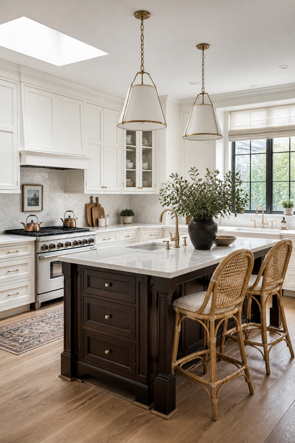An espresso island in a white kitchen operates as the room's focal point — the contrast creates visual structure that makes the kitchen feel designed rather than assembled.