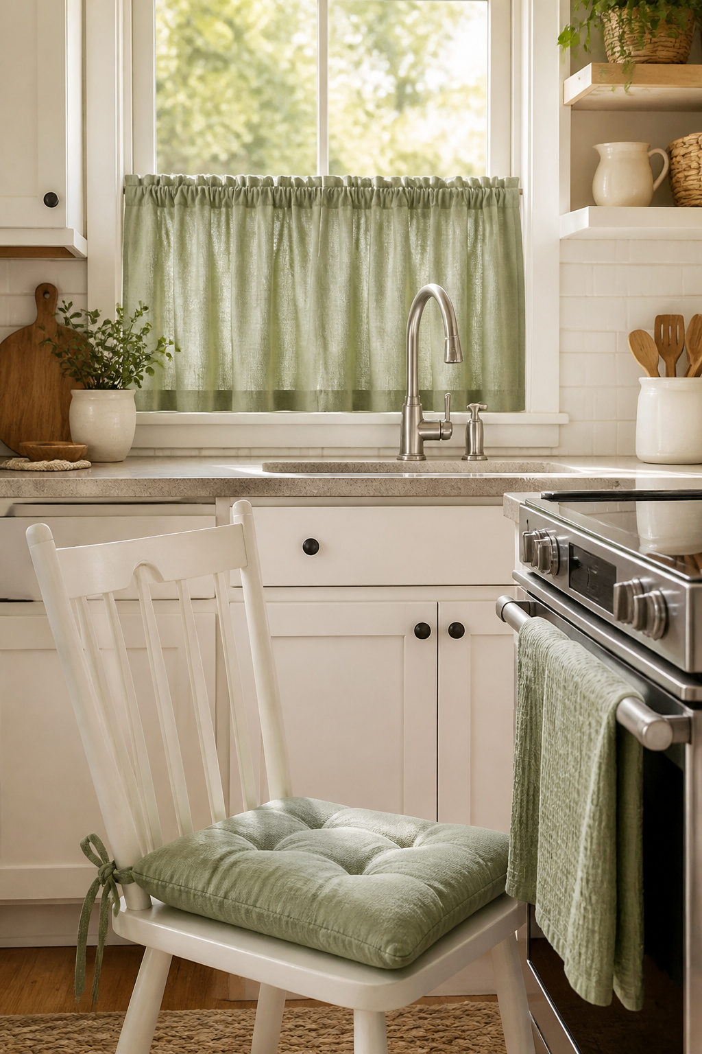 A coordinated set of café curtains, dish towels, and seat covers in one anchor color shifts a kitchen's entire personality for under $80.
